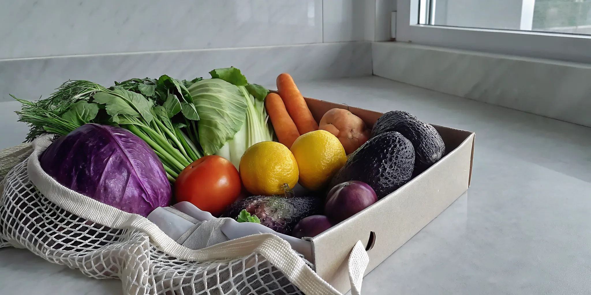 A home delivery produce box filled with fresh vegetables and fruit.
