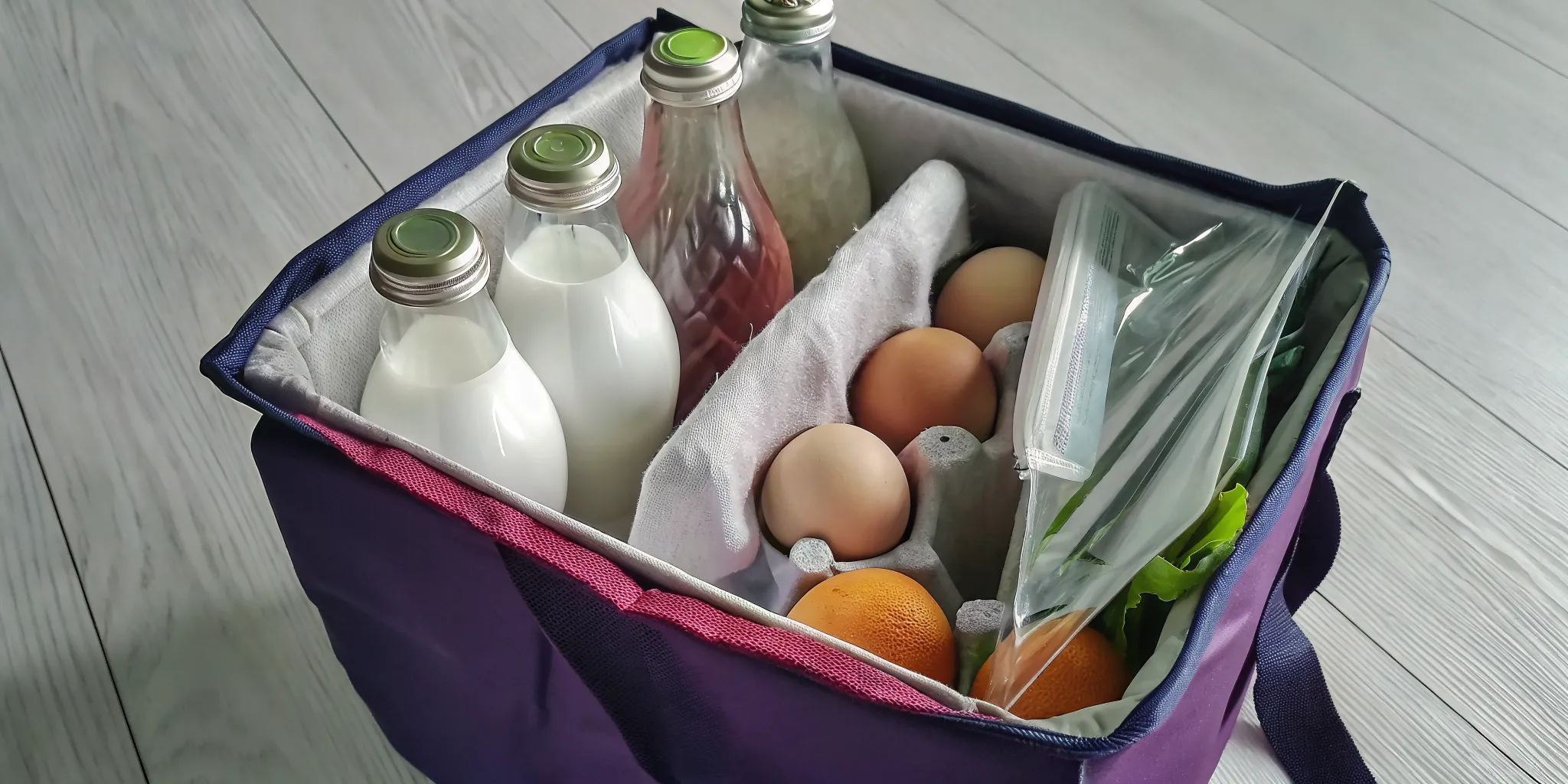 Fresh milk and eggs from a Canadian delivery service in reusable packaging.