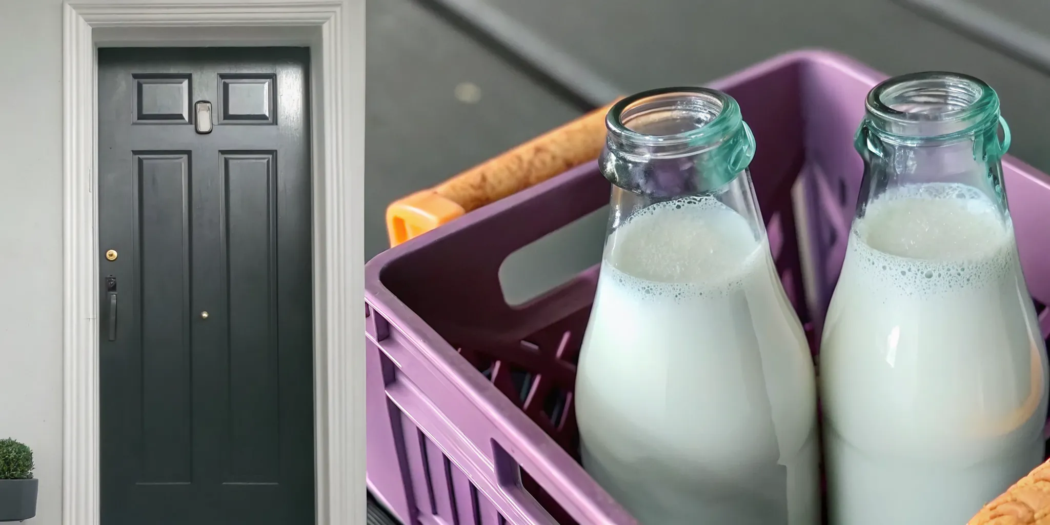 Glass milk bottles from a delivery service on a doorstep, comparing the cost to the grocery store.