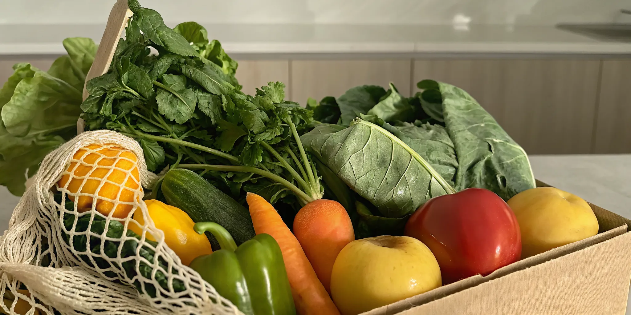 A fresh organic vegetable box helping a family decide if the subscription is worth it.