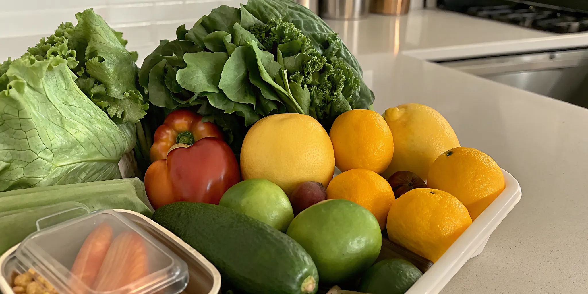 Fresh groceries beside a meal kit on a kitchen counter