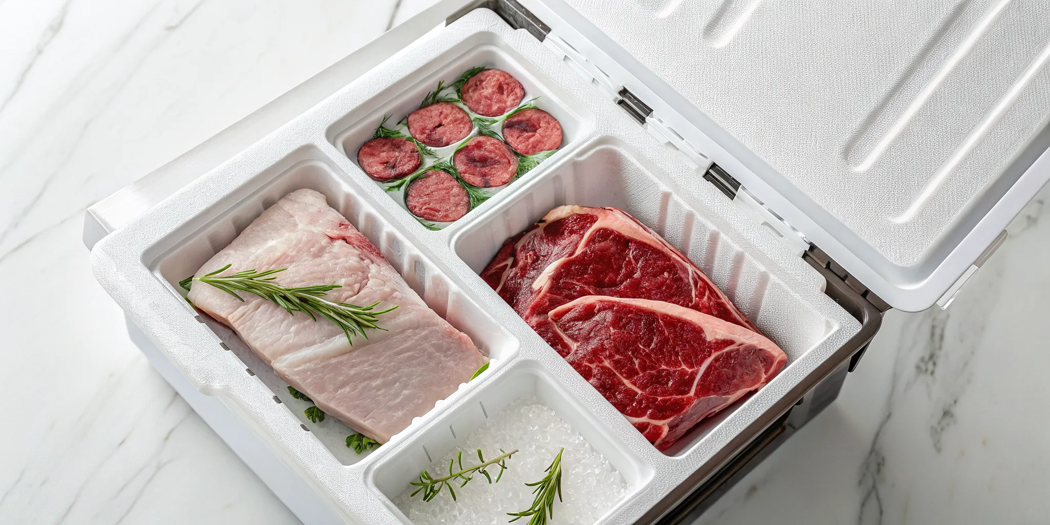 Premium meat box delivery in Canada with fresh cuts of beef, pork, and sausage.