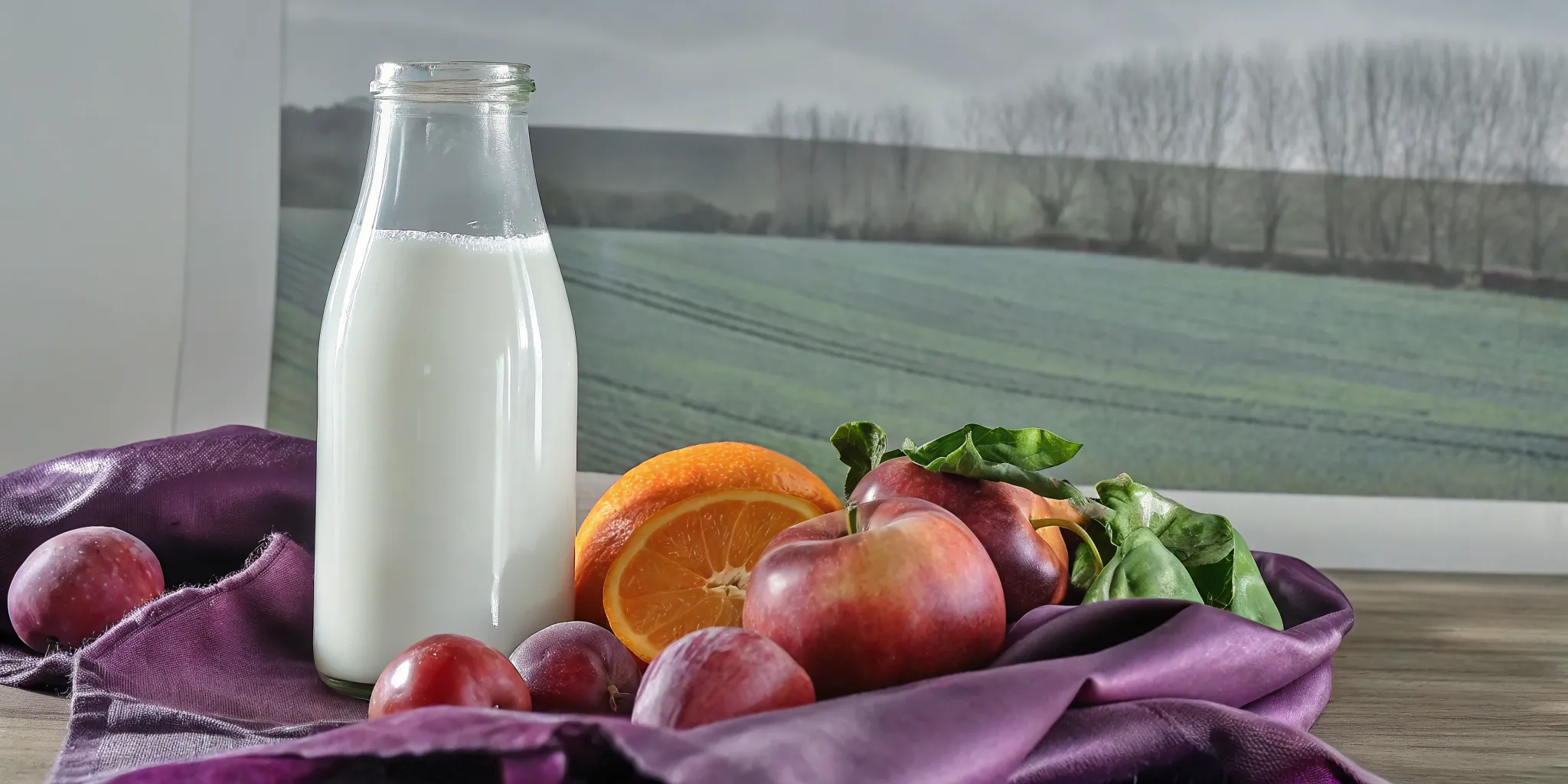 A fresh glass bottle of Hewitt's Organic Dairy milk on a rustic Ontario farm table