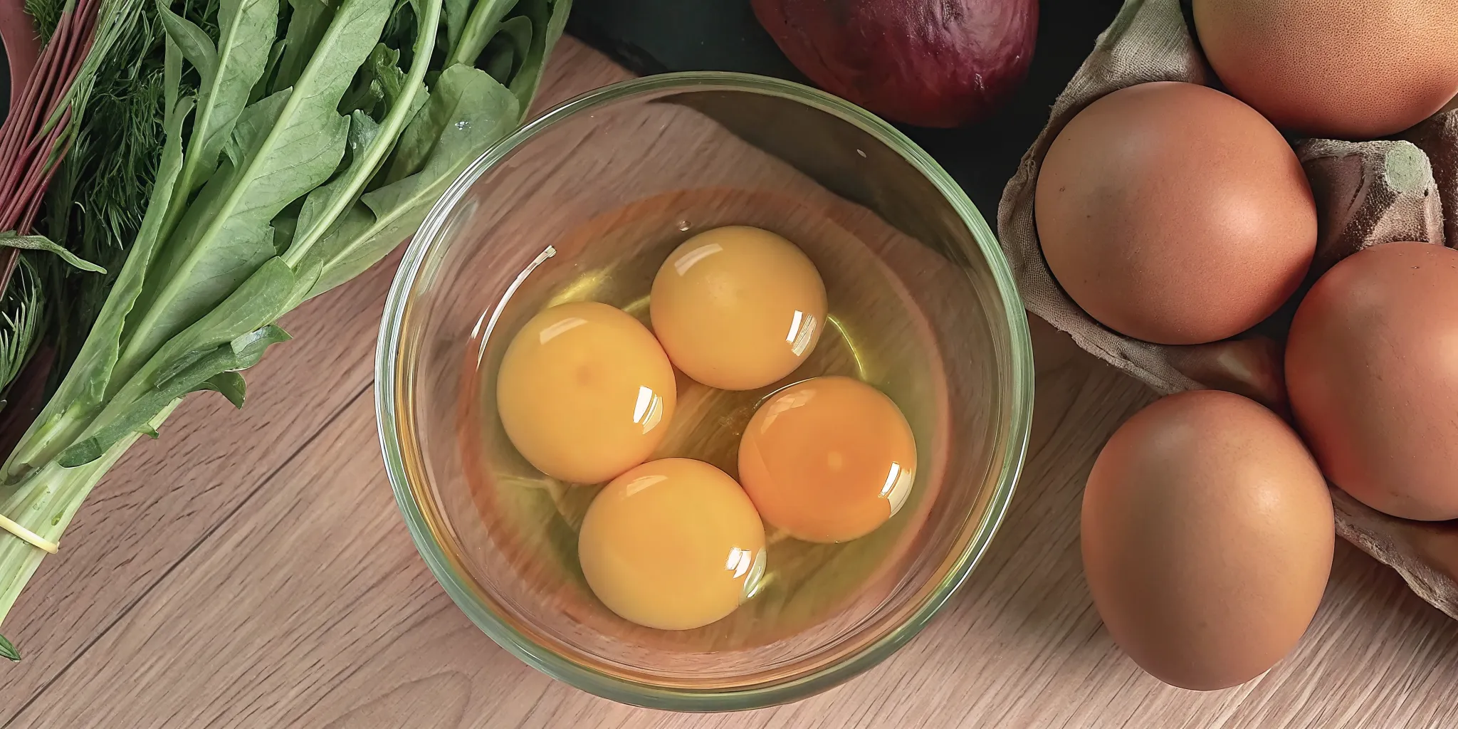 Golden egg yolks in a glass bowl with farm-fresh eggs on a wooden kitchen counter, natural lighting
