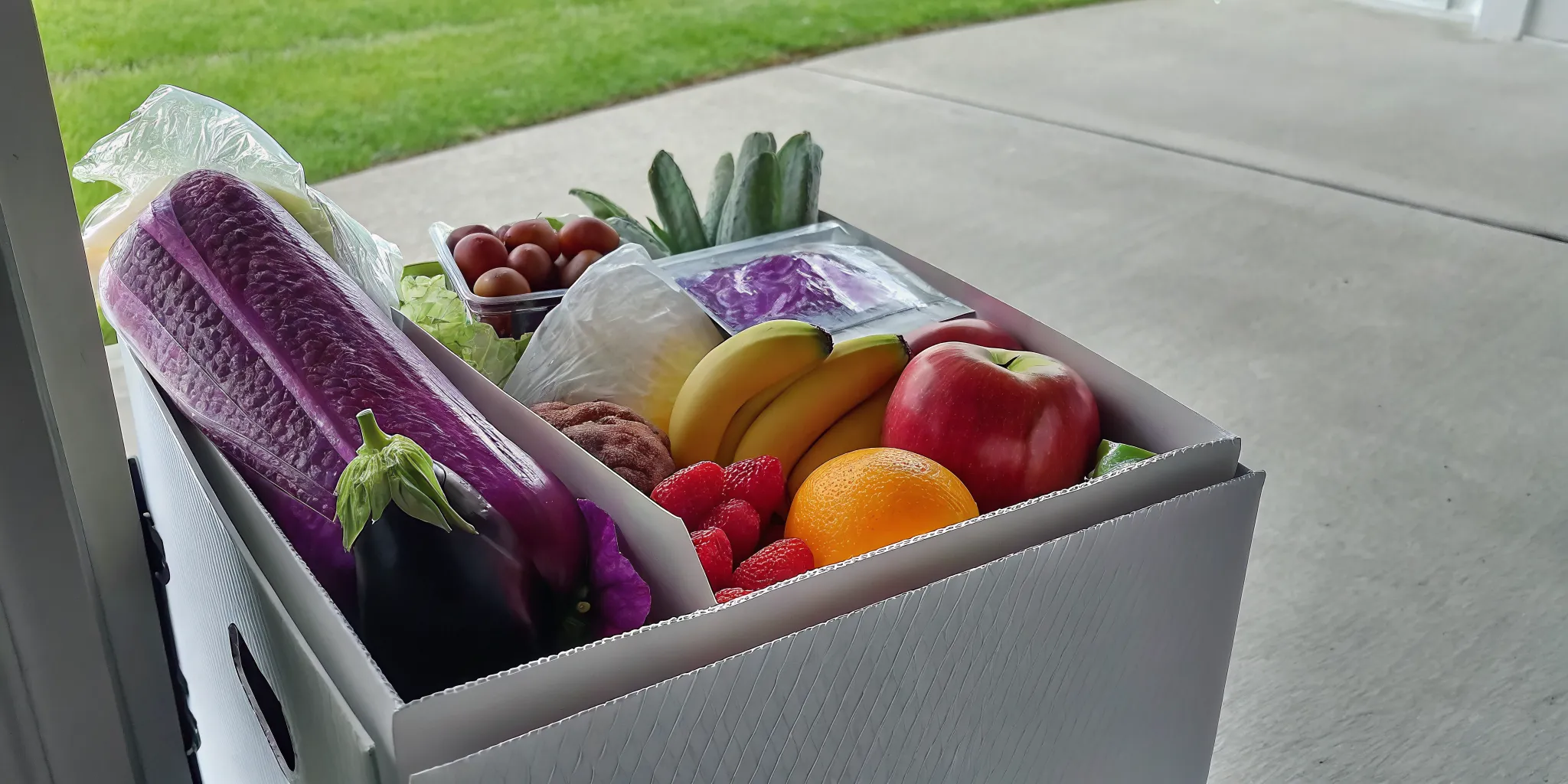 A Tre'dish delivery box with fresh Canadian produce and ice packs on an Ontario doorstep