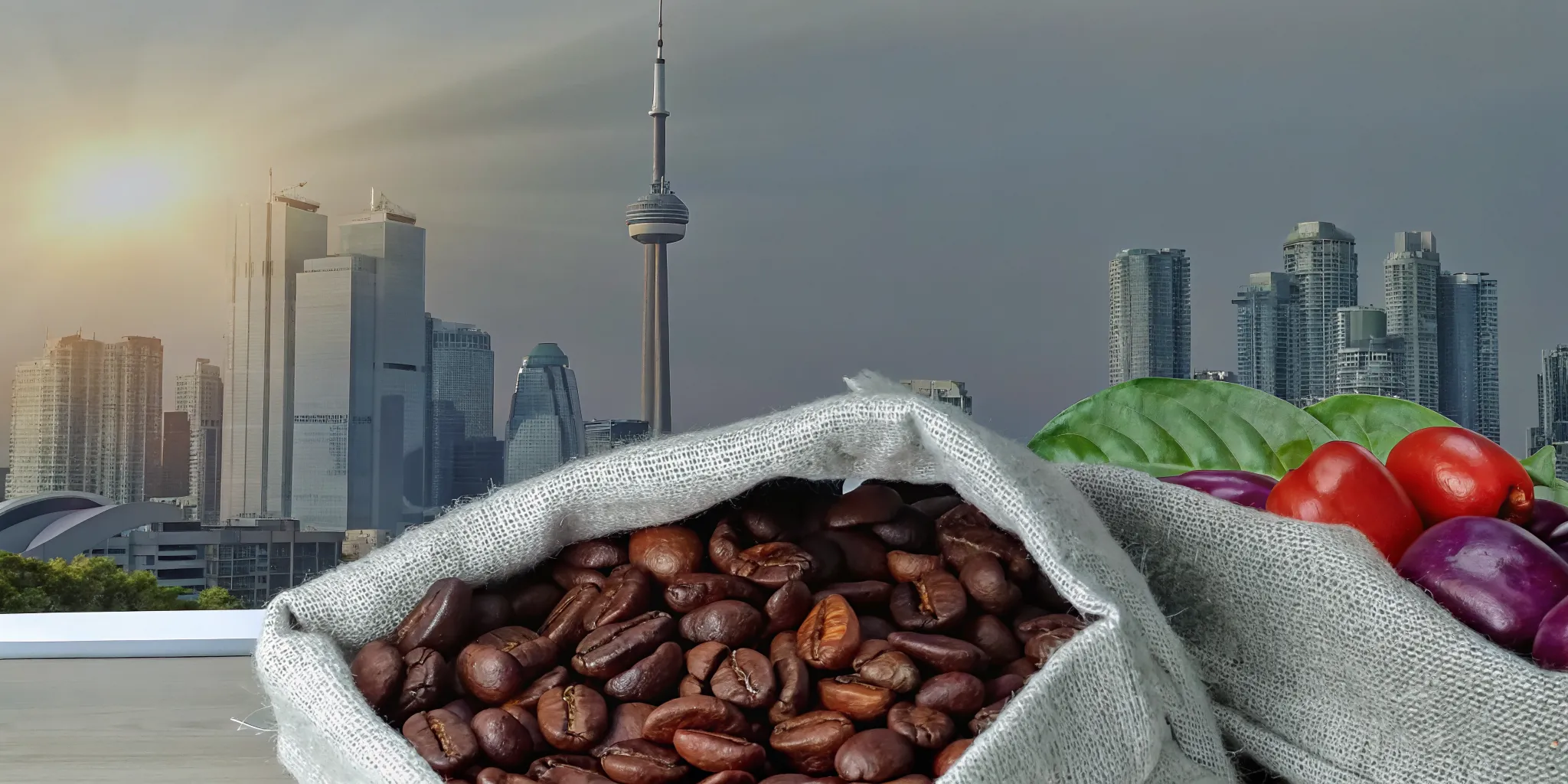 Fresh-roasted coffee beans in burlap sack with Toronto skyline