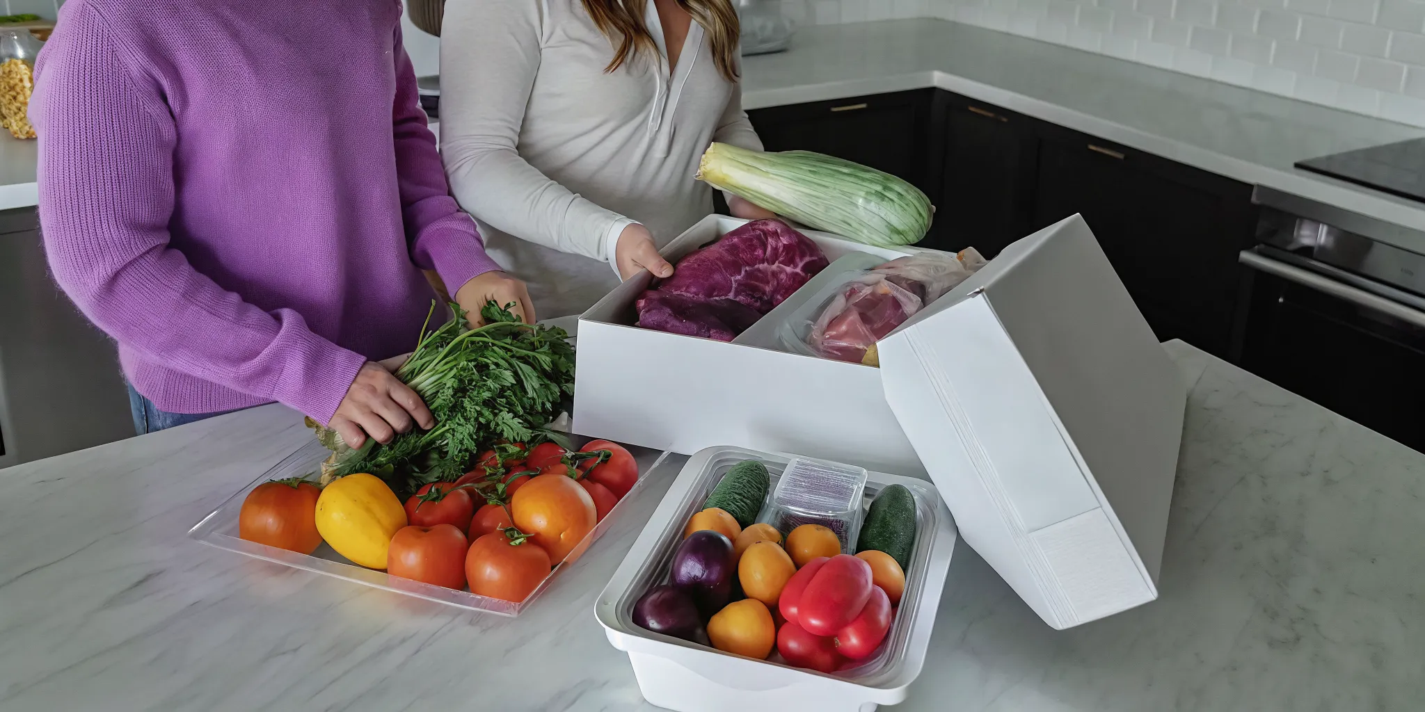 Ontario family unboxing Tre'dish groceries in a modern kitchen with fresh produce and local ingredients visible