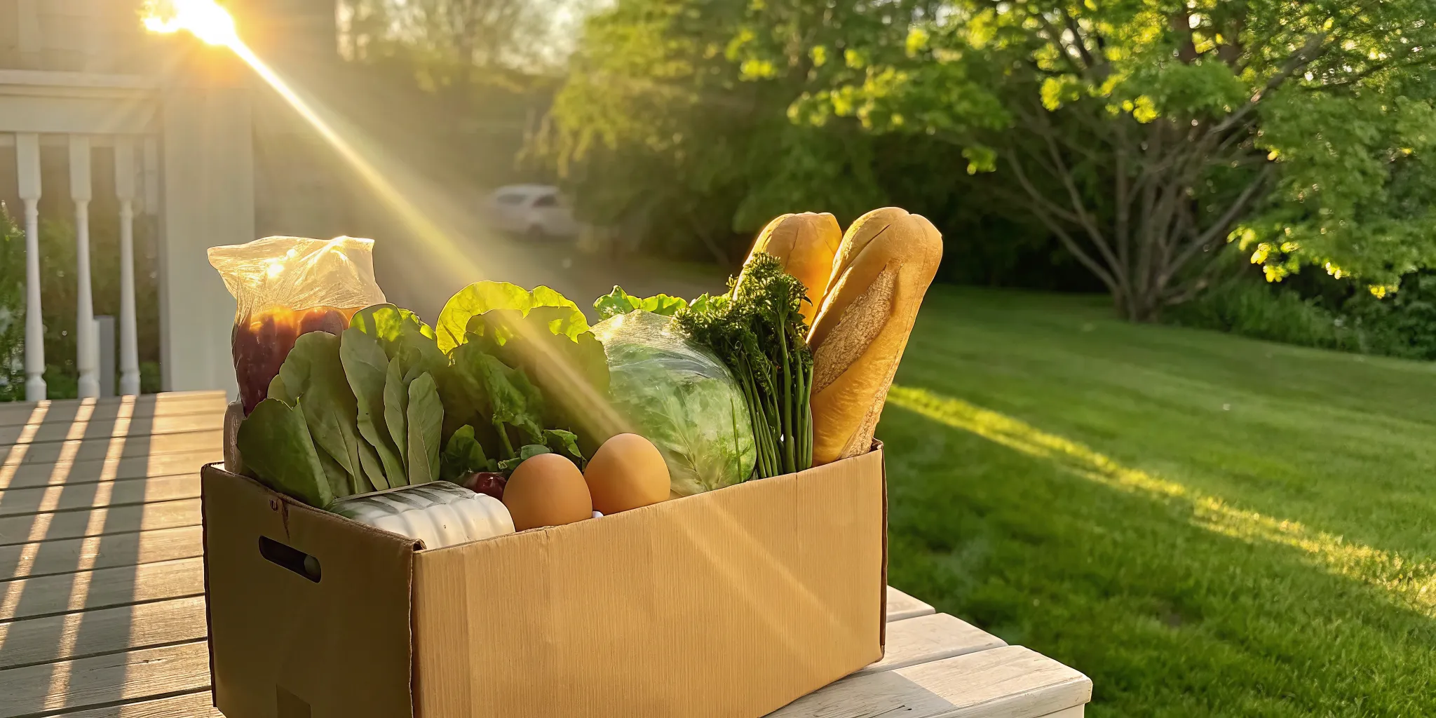 Tre'dish insulated delivery box with fresh Ontario produce, dairy, and bread on a doorstep