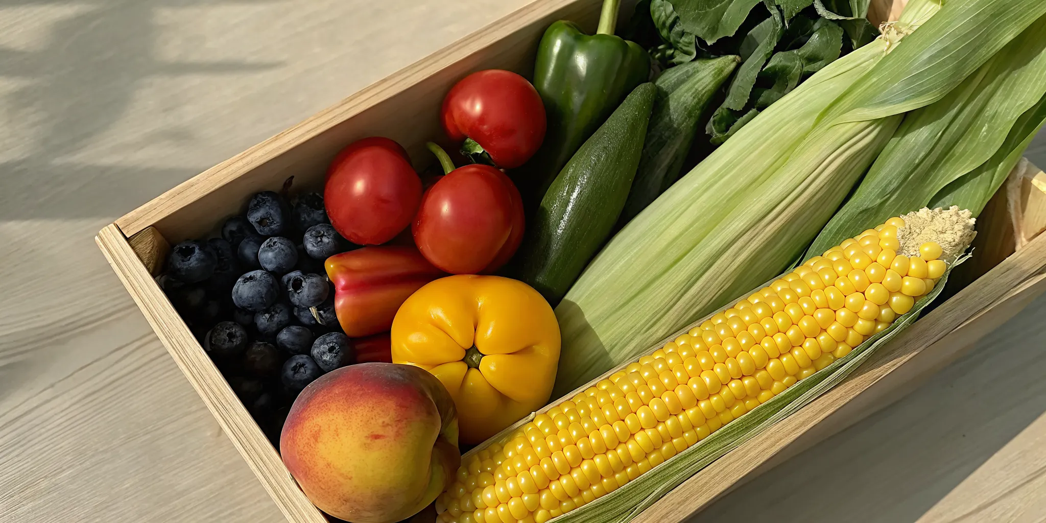 Wooden crate overflowing with fresh Ontario summer produce including tomatoes, sweet corn, blueberries, peaches, and rainbow peppers on a farm table