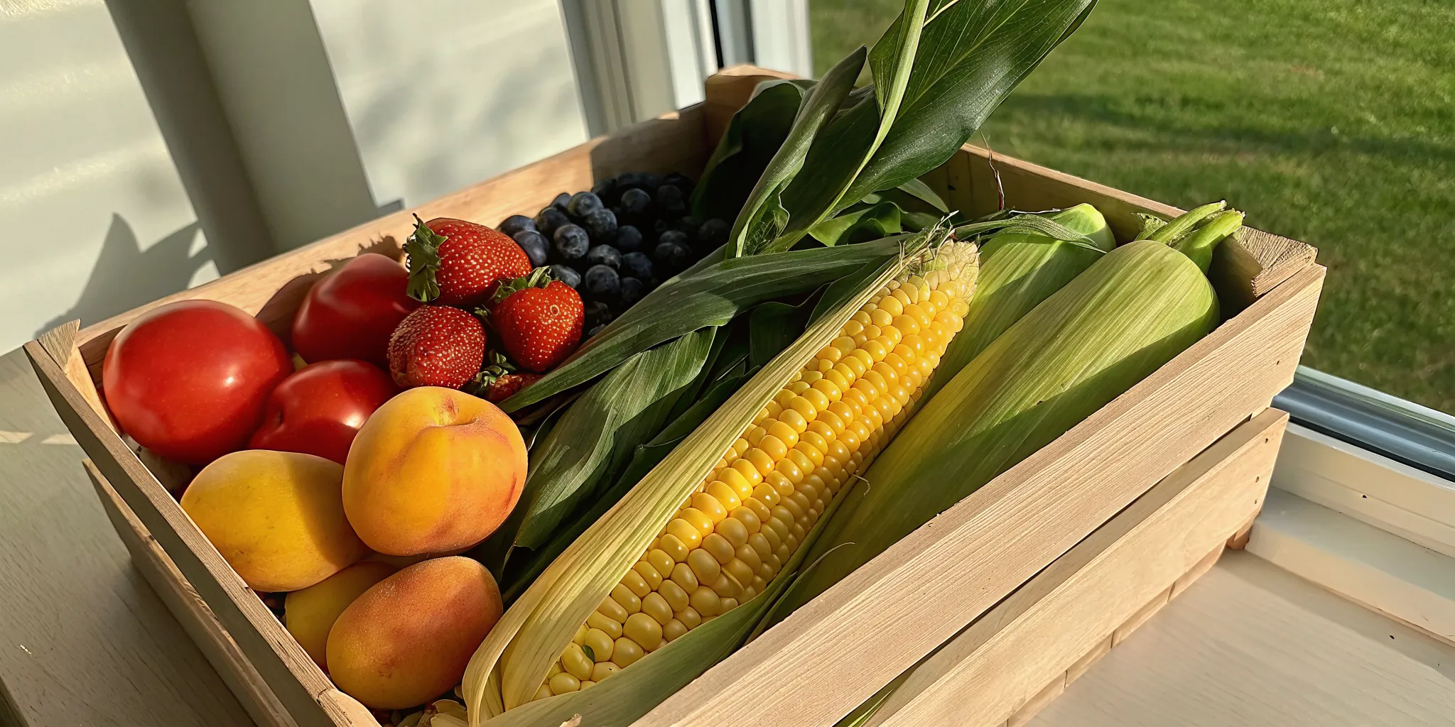 Wooden crate overflowing with fresh Ontario summer produce including red tomatoes, sweet yellow corn, blueberries, strawberries, and peaches on a rustic farm table