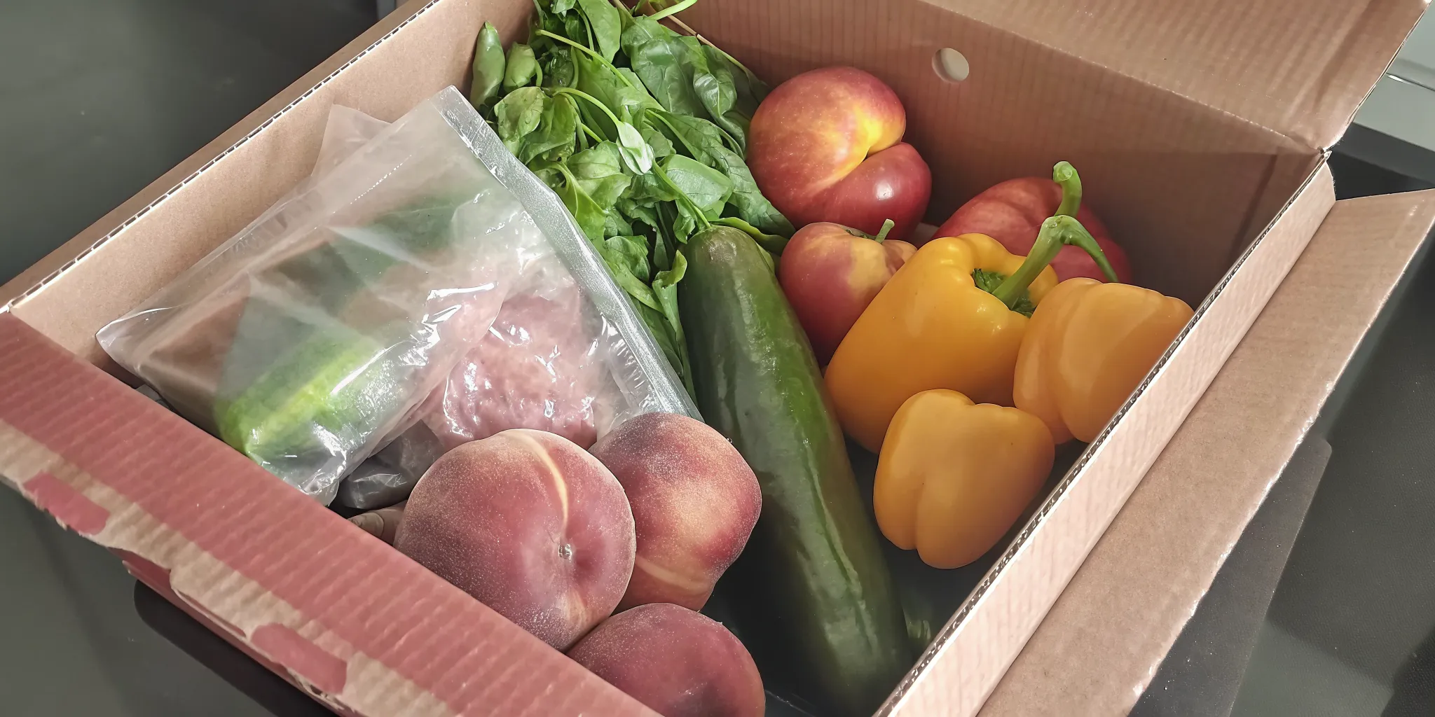 Tre'dish delivery box being opened on a kitchen counter revealing fresh Ontario peaches, bell peppers, zucchini, and greens with eco-friendly ice packs