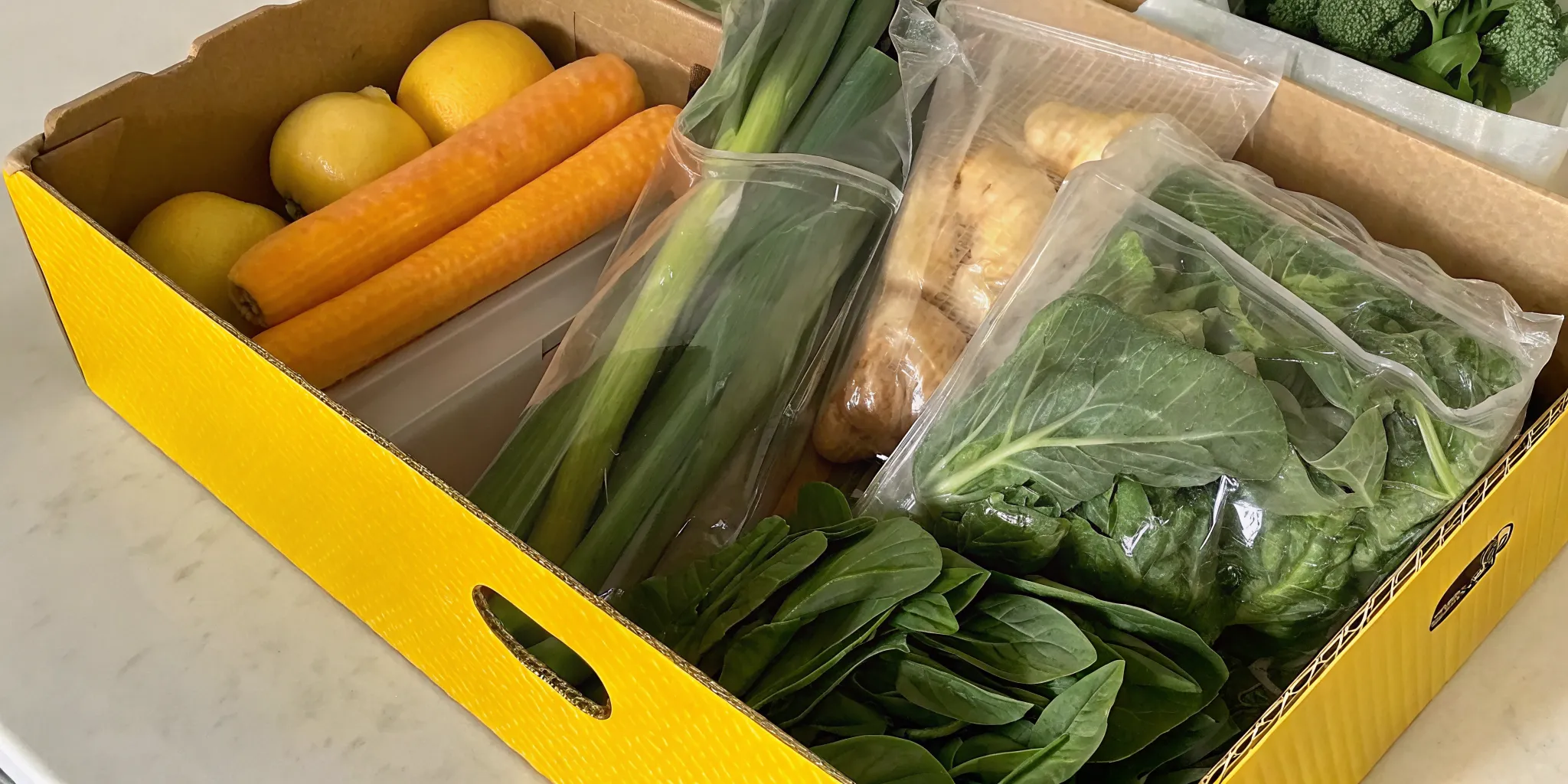 Meal prep containers and labeled freezer bags with fresh Ontario produce on a kitchen counter