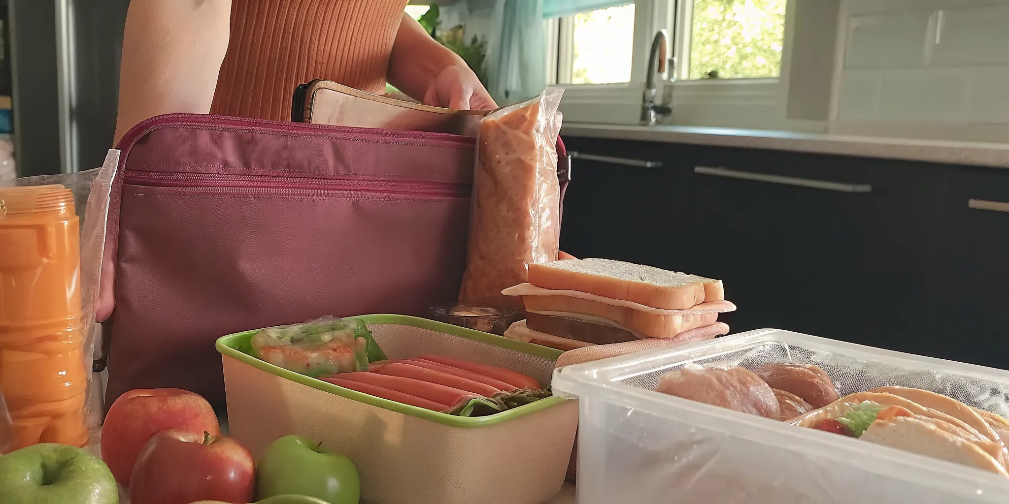 Busy Ontario parent preparing fresh groceries and school lunch supplies on a kitchen counter for back-to-school planning