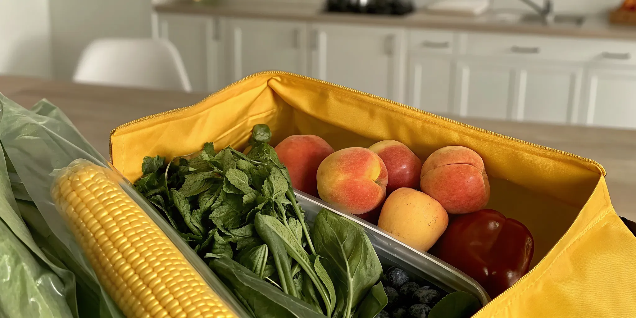 Refrigerated grocery delivery box with fresh Ontario summer produce in a home kitchen