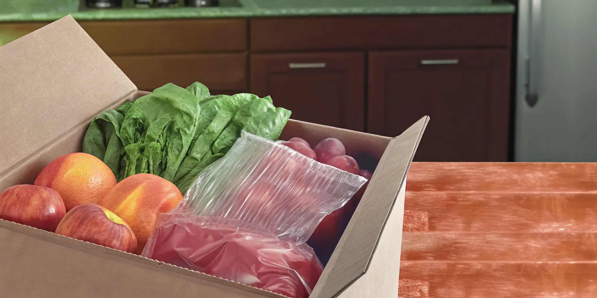 Fresh Ontario produce being unpacked from a grocery delivery box on a kitchen counter