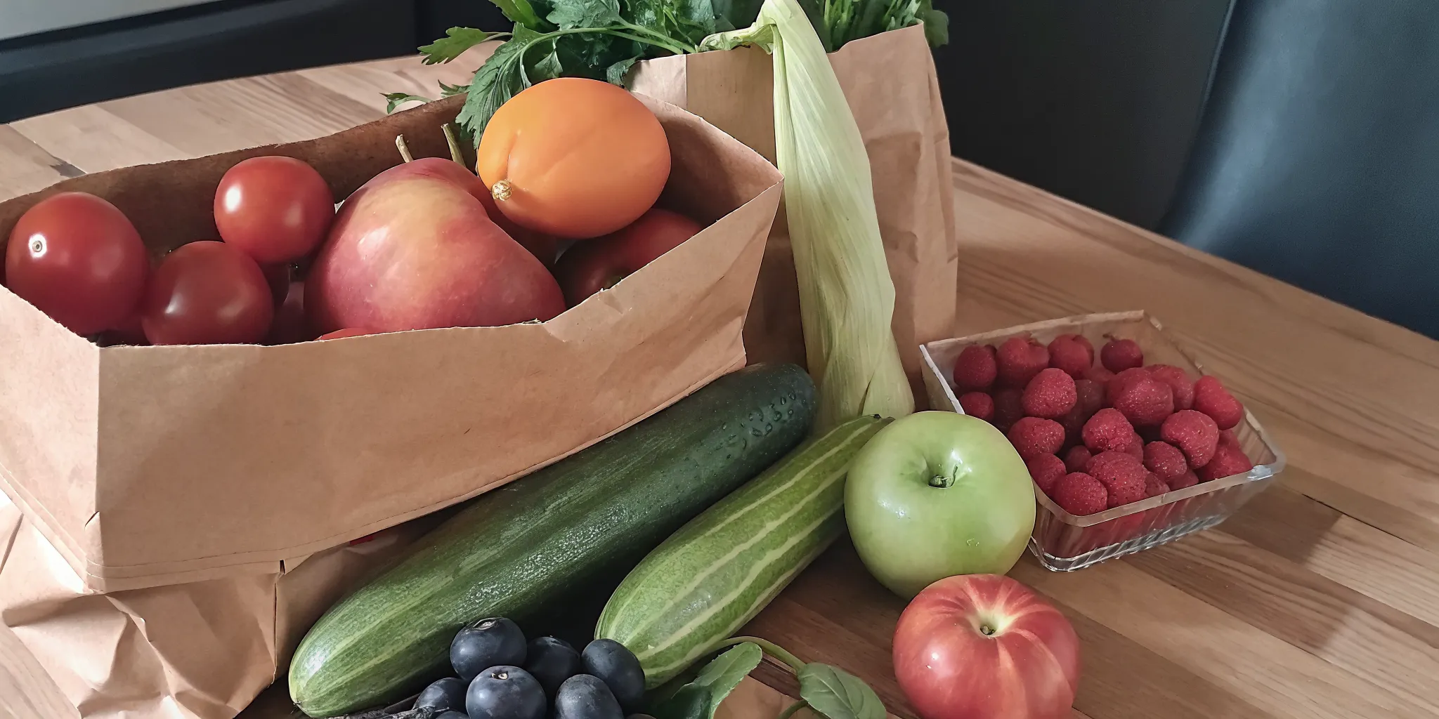 Fresh Ontario vegetables and fruits displayed on a kitchen table