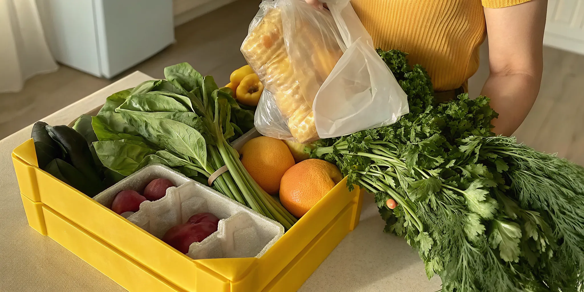 Ontario kitchen with fresh groceries and eco-friendly insulated delivery box, person unpacking a grocery delivery