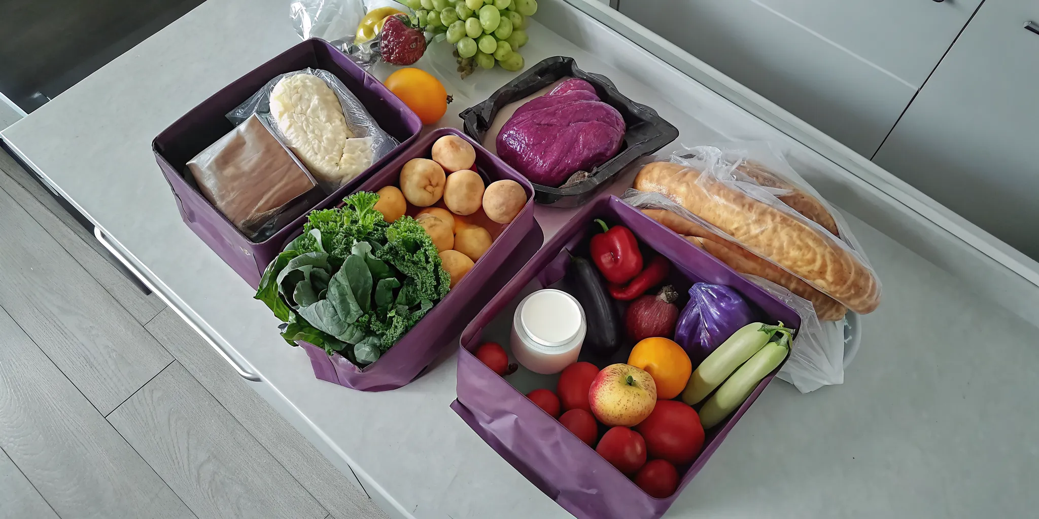 Fresh Ontario groceries organized on a kitchen counter for meal prep, showing produce, dairy, and pantry staples in an eco-friendly shopping routine