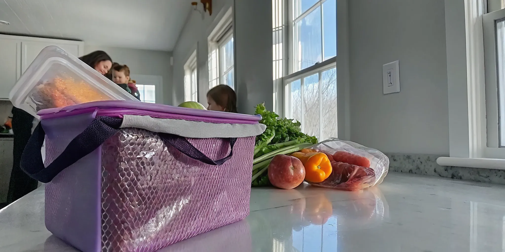 Ontario family unpacking fresh groceries in a bright kitchen