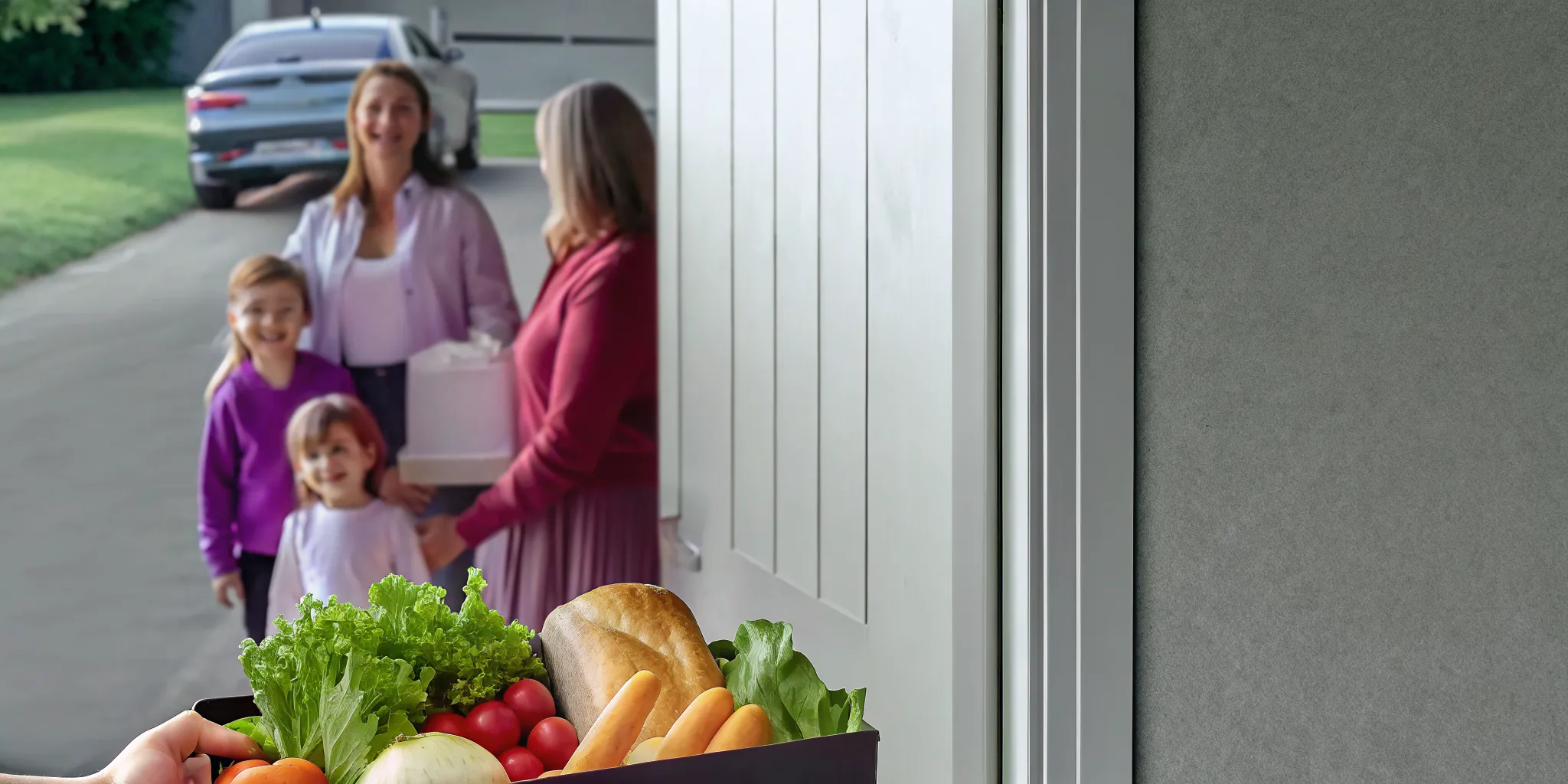 Delivery person handing a box of fresh groceries to a smiling family at their Ontario home