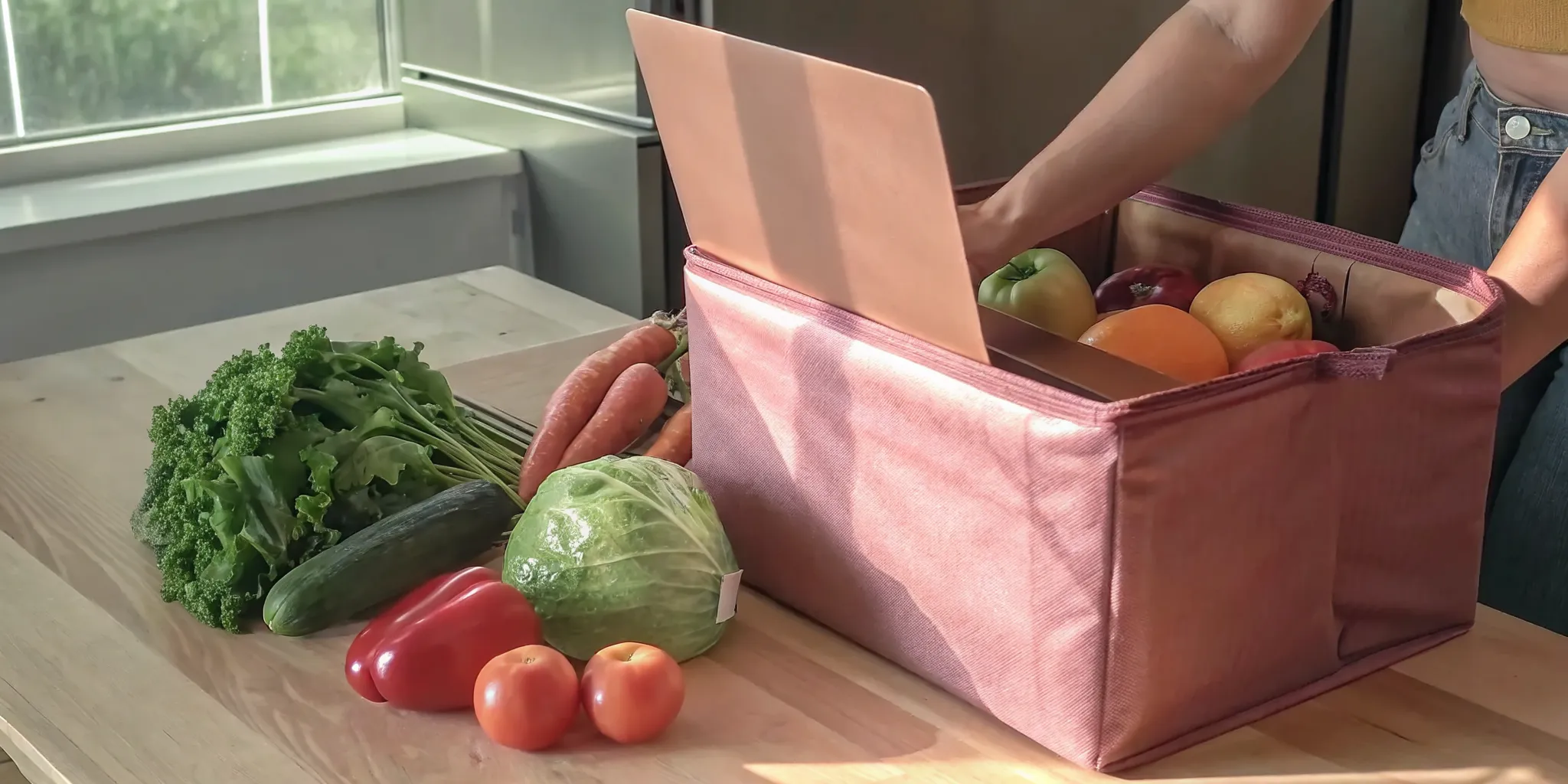 Person building an online grocery order in a bright kitchen with fresh produce on the counter