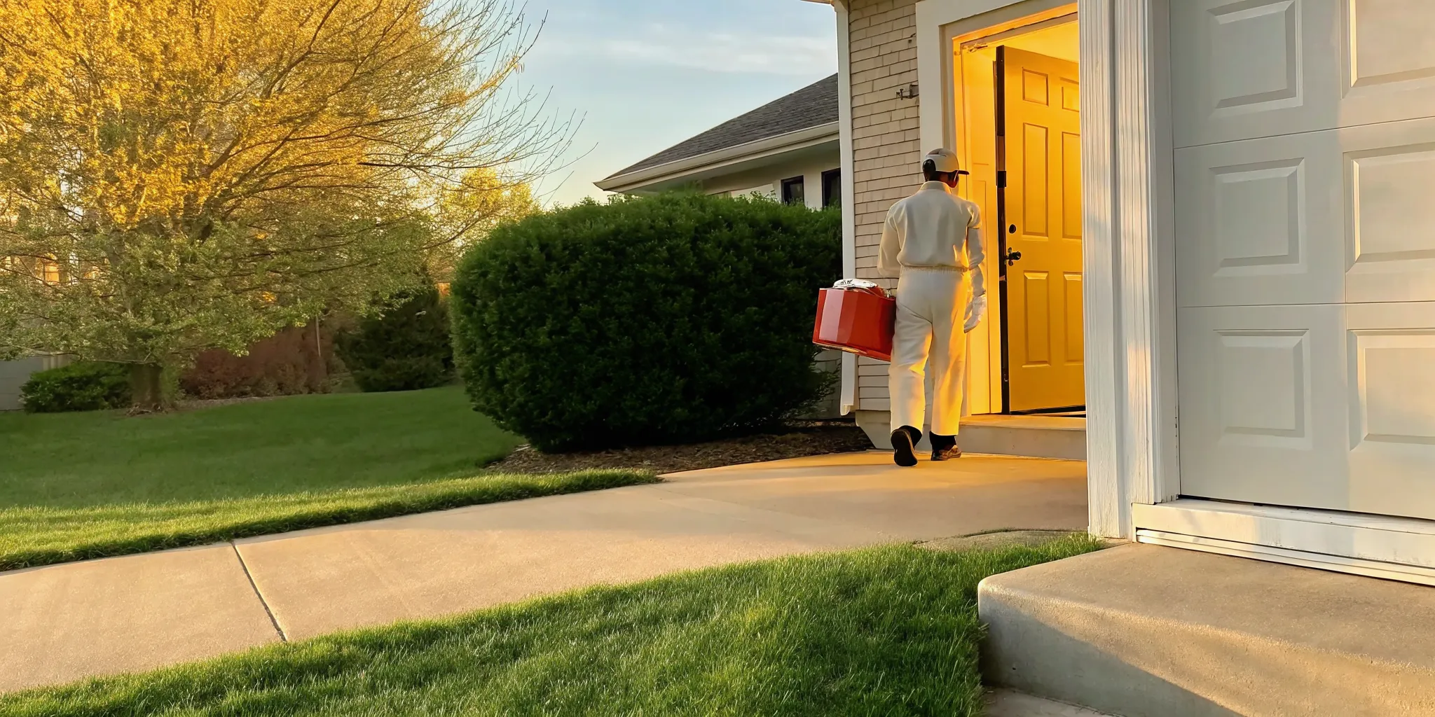 Delivery driver carrying an insulated grocery box to a suburban Ontario front door