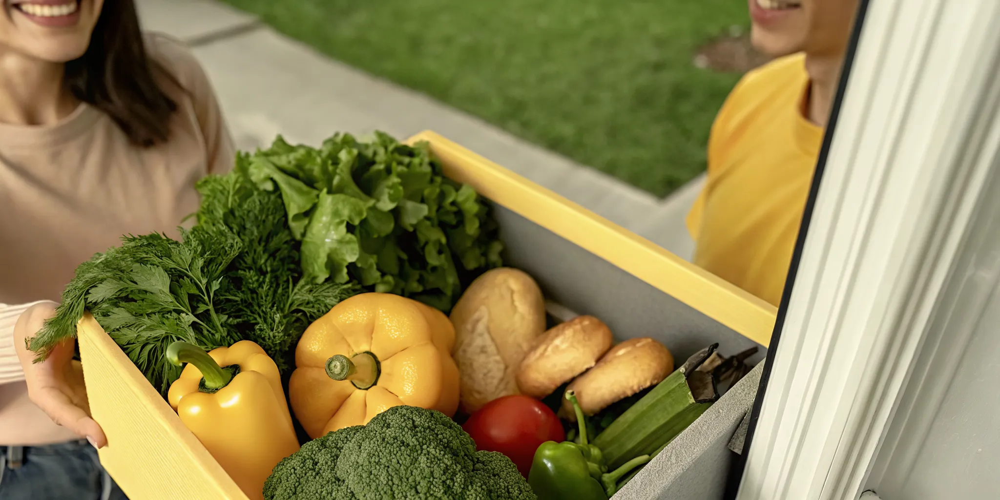 Tre'dish grocery delivery driver handing a refrigerated box of fresh local Ontario bagels, coffee, and produce to a smiling family