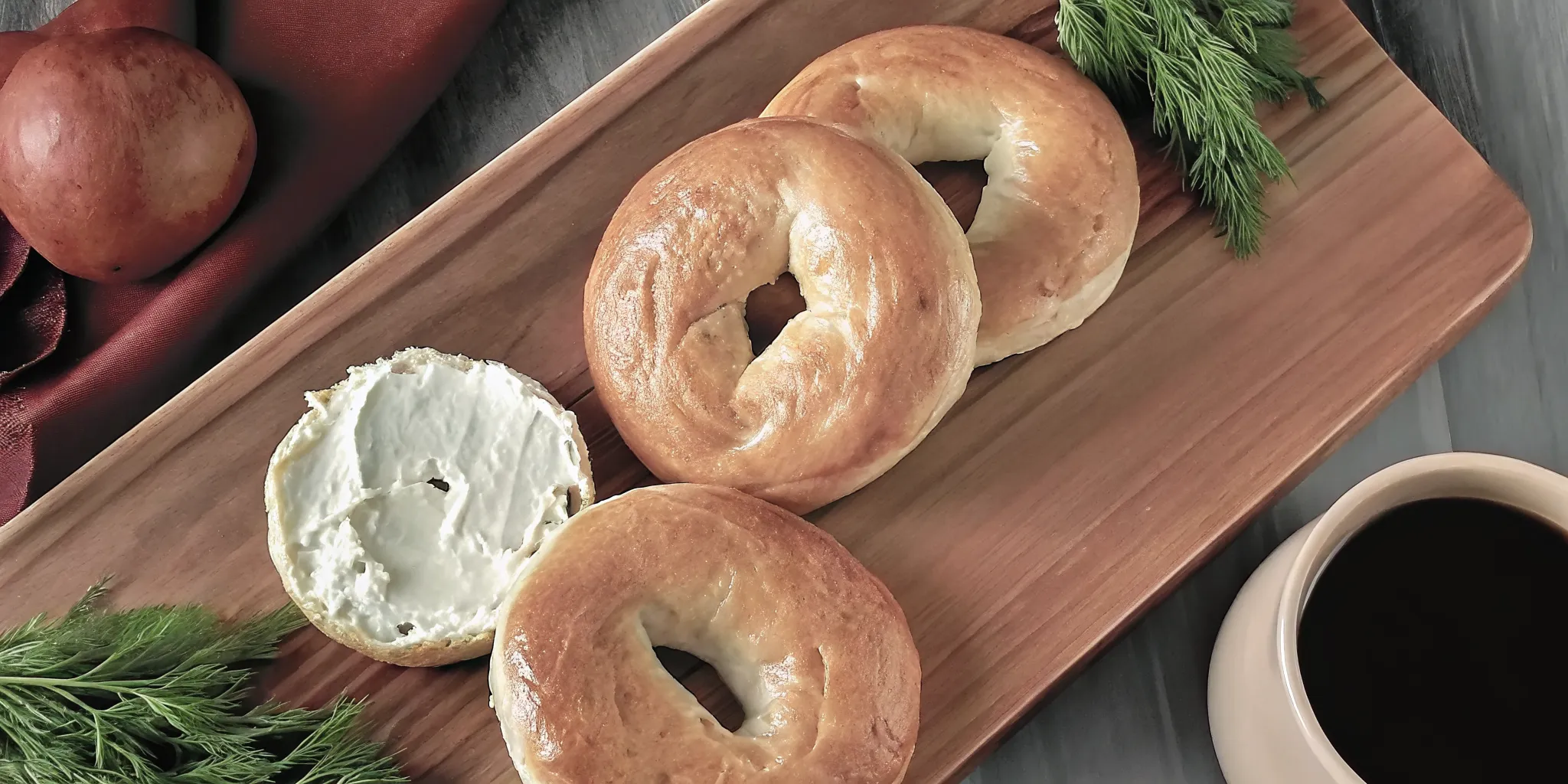 Fresh Montreal-style Gryfe's bagels on a wooden board with cream cheese and coffee