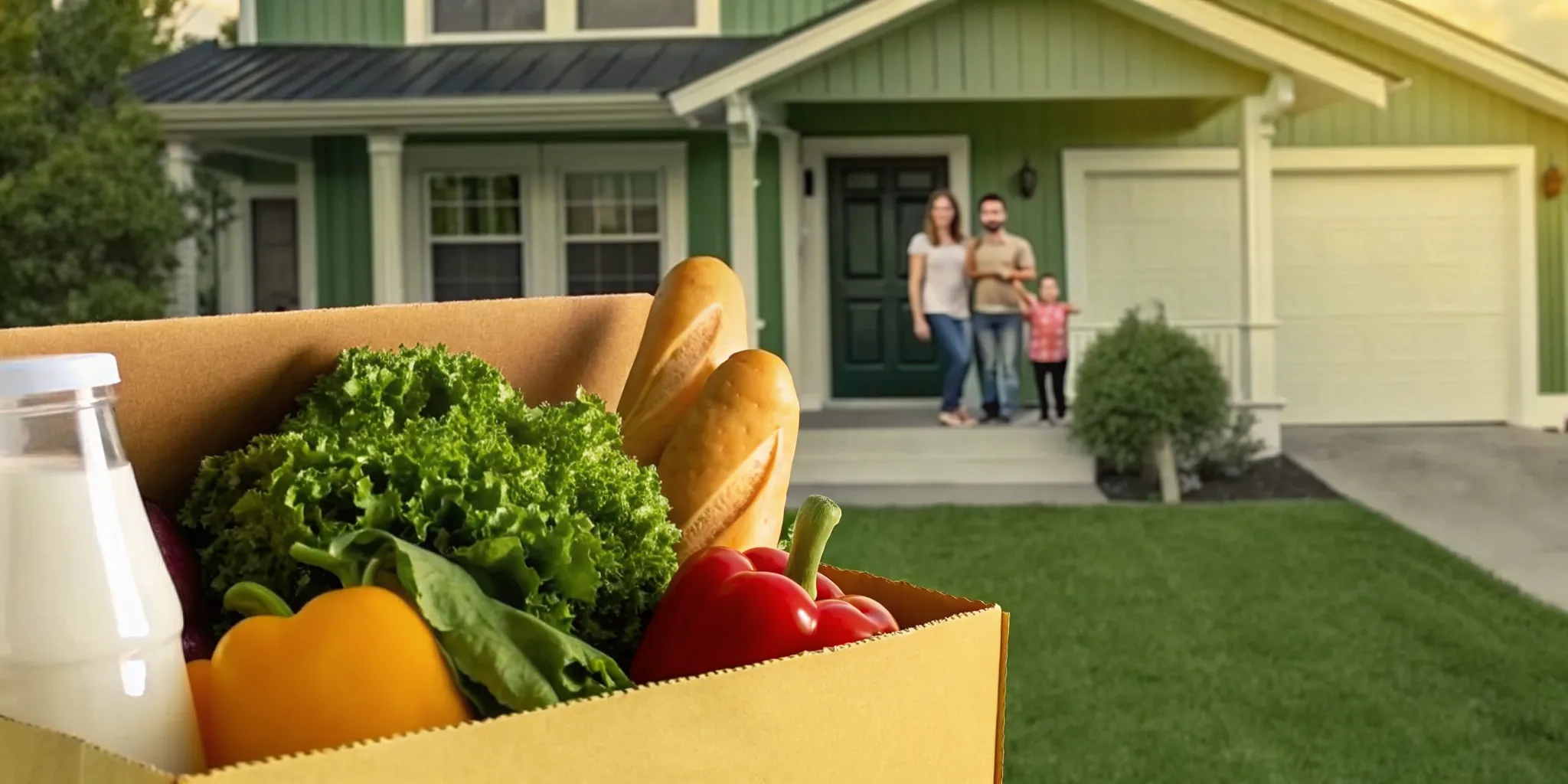 A family receives a delivery of fresh Ontario groceries at their front door