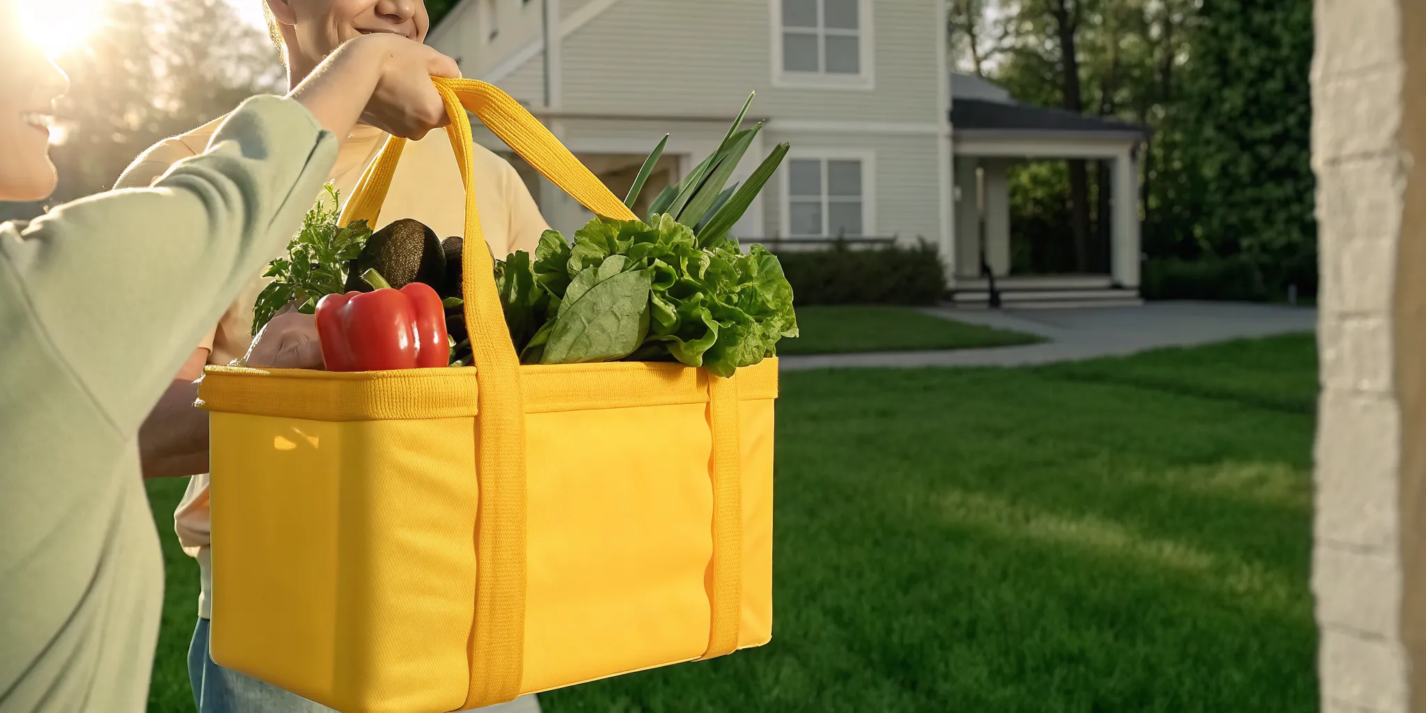 A family receives a delivery of fresh local Ontario groceries at their front door