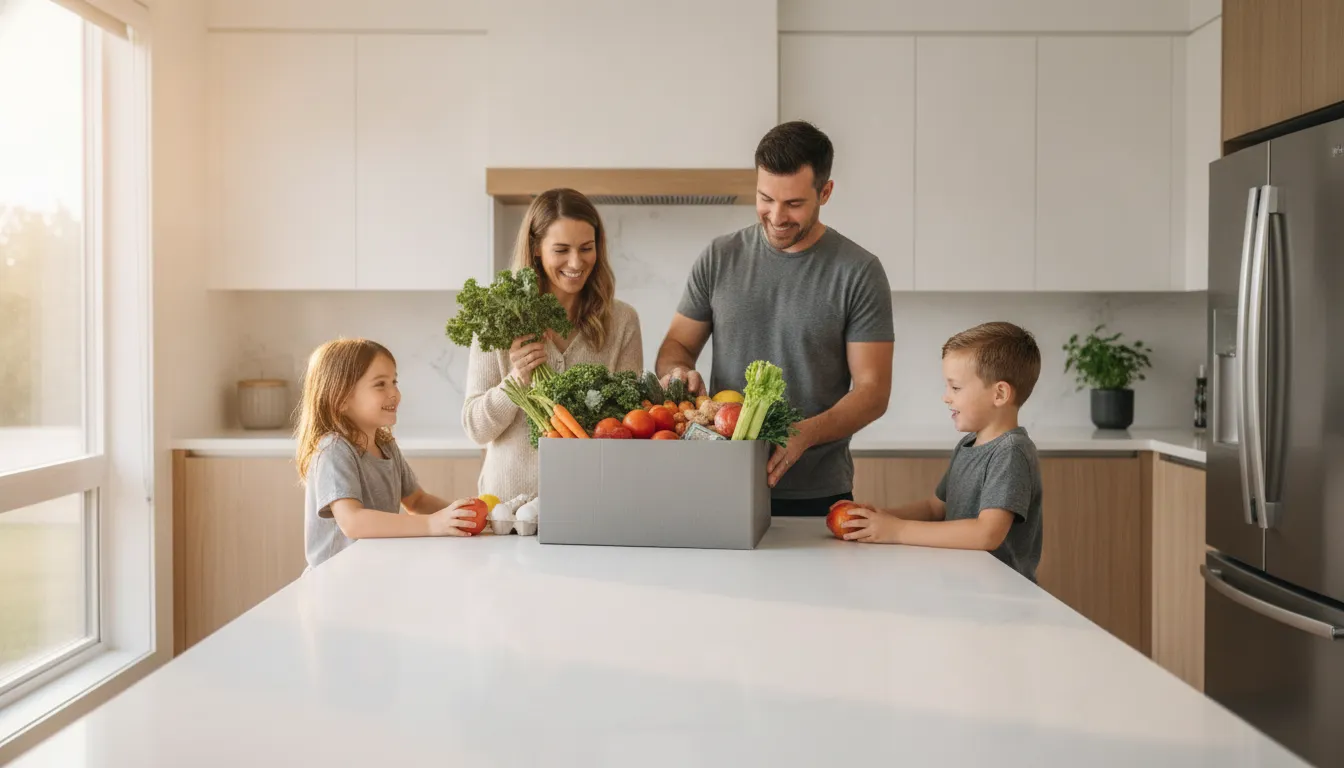 A family unpacking a refrigerated grocery delivery box filled with fresh produce in a bright modern kitchen