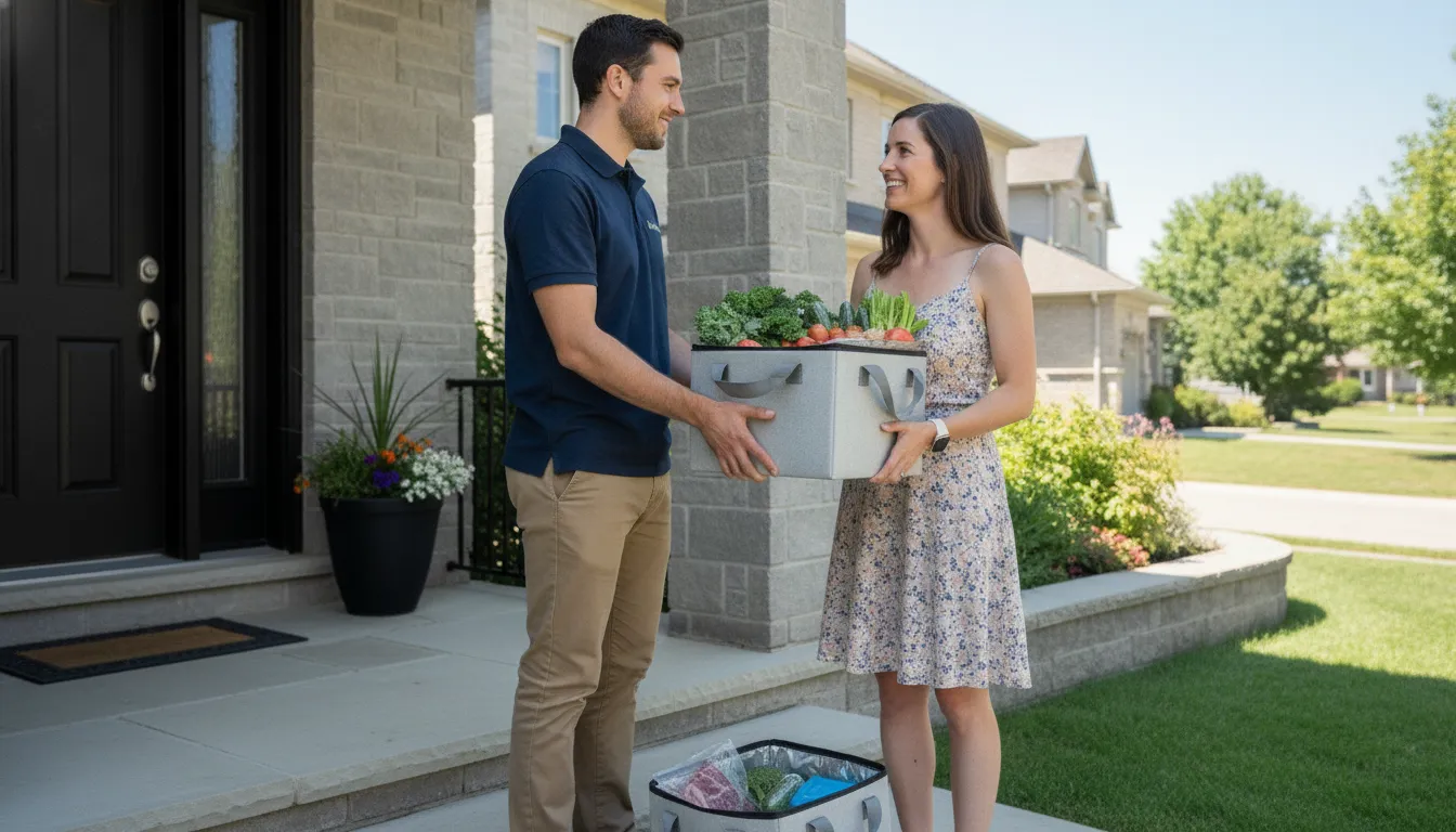 A delivery courier handing a refrigerated insulated grocery box to a customer at the front door of a suburban Ontario home