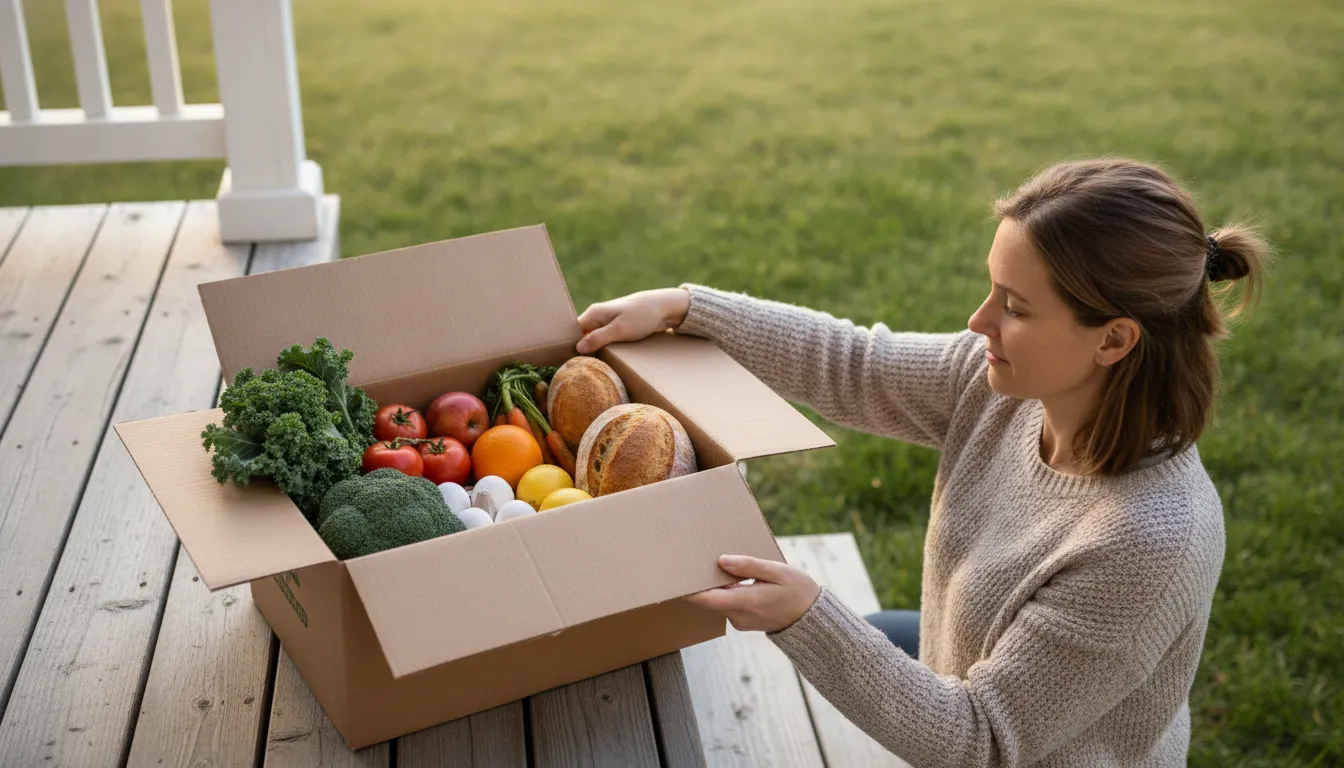 Fresh Canadian groceries in a delivery box on a bright home doorstep