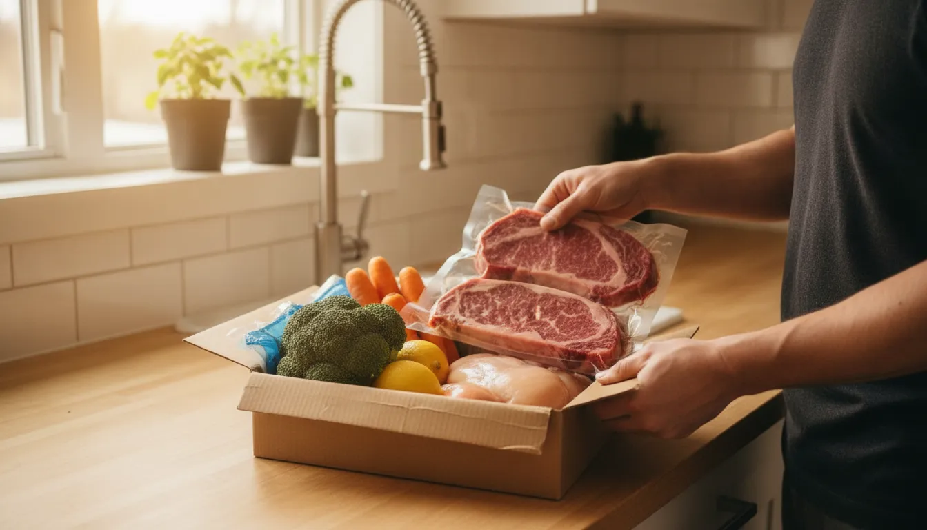Refrigerated insulated packaging with fresh premium meat cuts for online delivery