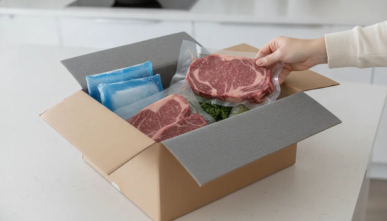 Refrigerated insulated packaging with fresh meat cuts for online delivery