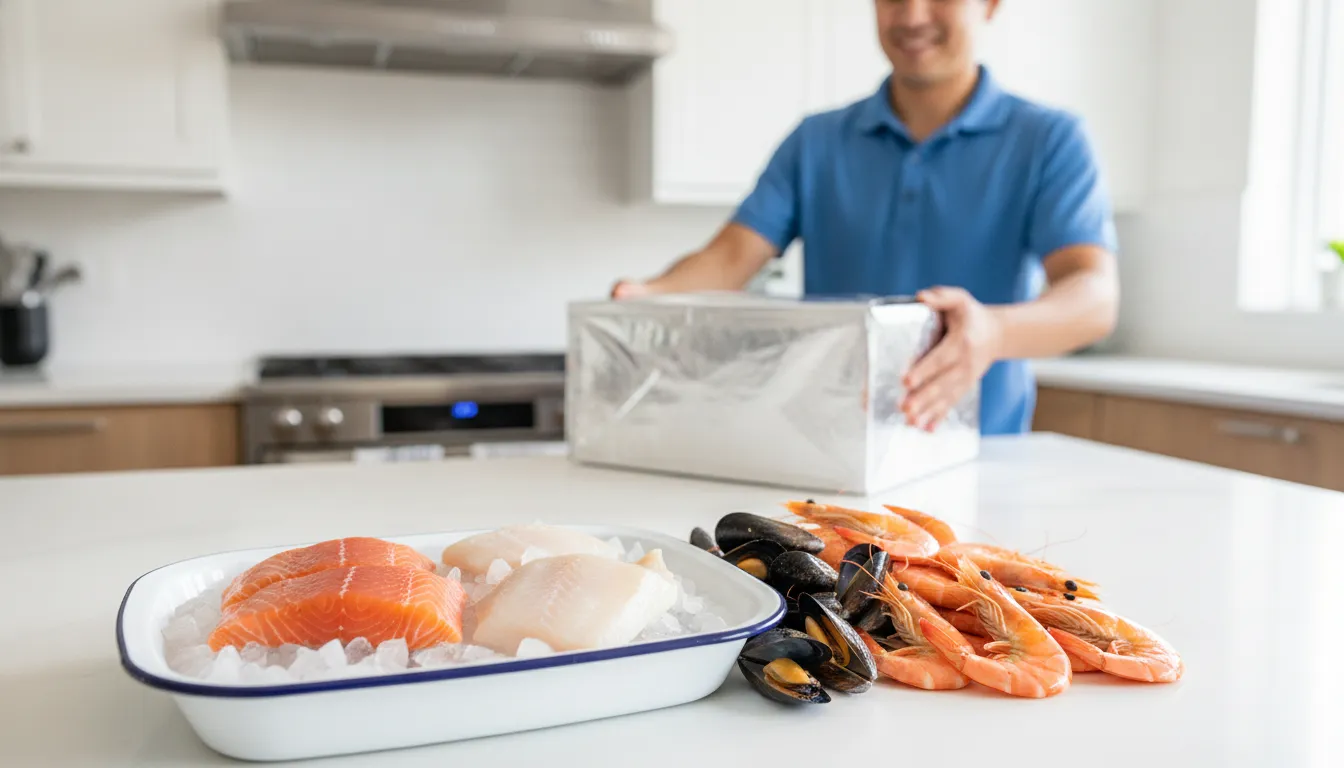 Fresh fish fillets and shellfish arranged on ice, ready for refrigerated grocery delivery