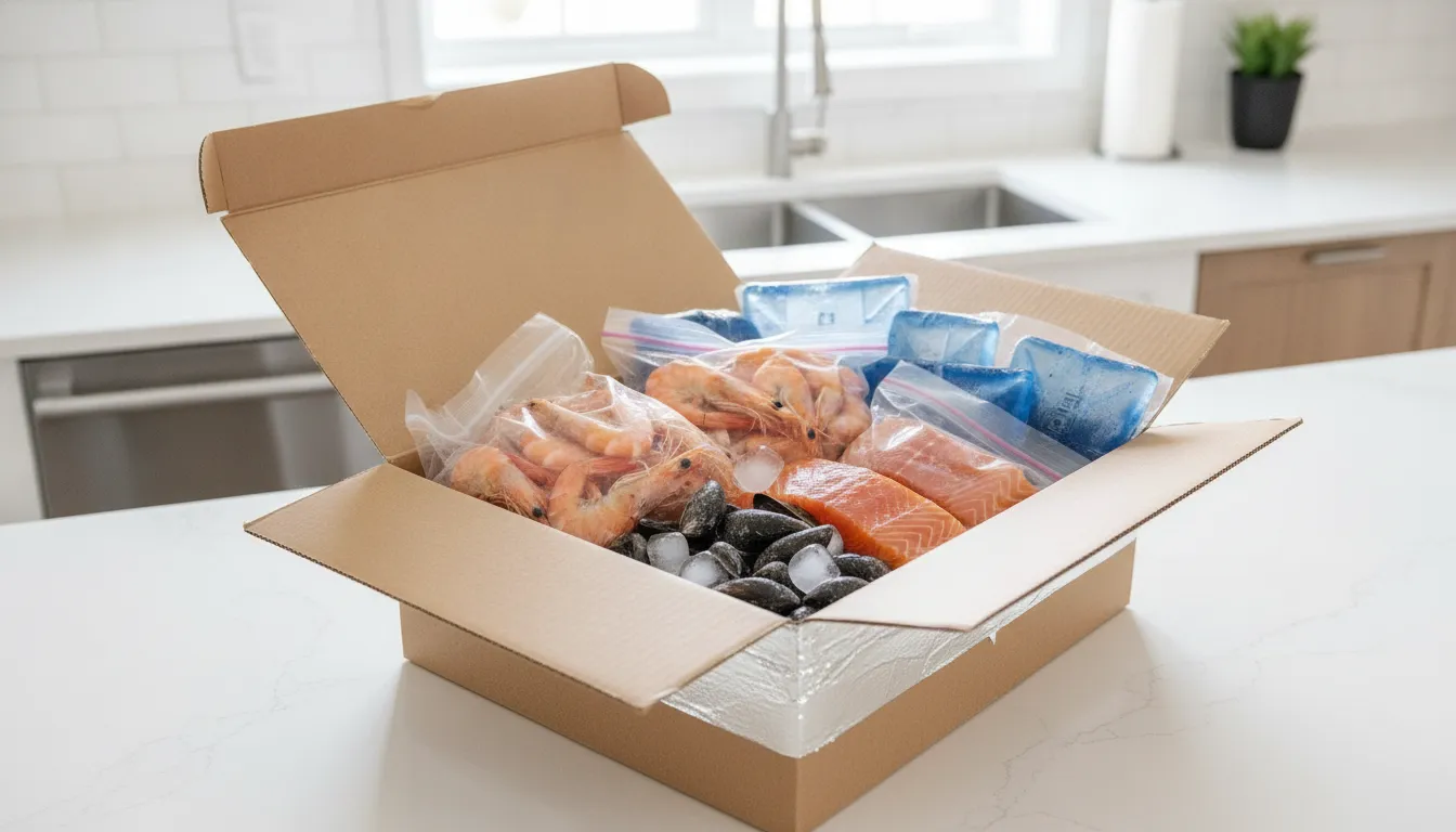 Fresh shrimp, mussels, and salmon fillets in an insulated refrigerated delivery box