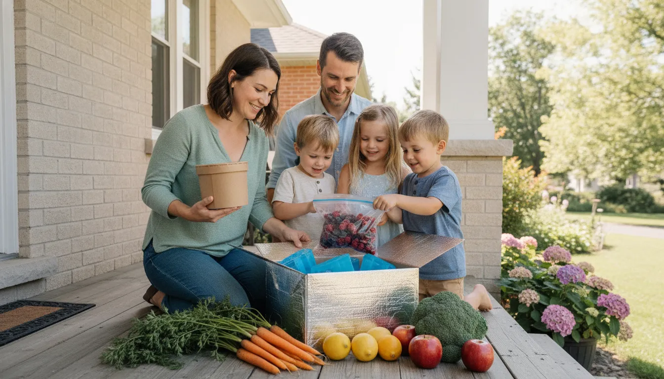 Insulated grocery delivery box with premium ice cream and frozen treats on an Ontario doorstep