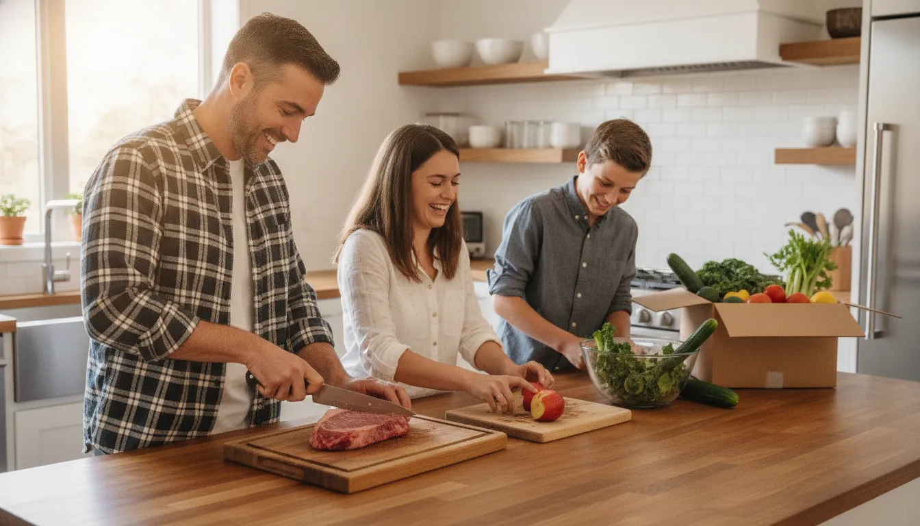 Ontario family preparing fresh beef and vegetables in a bright kitchen