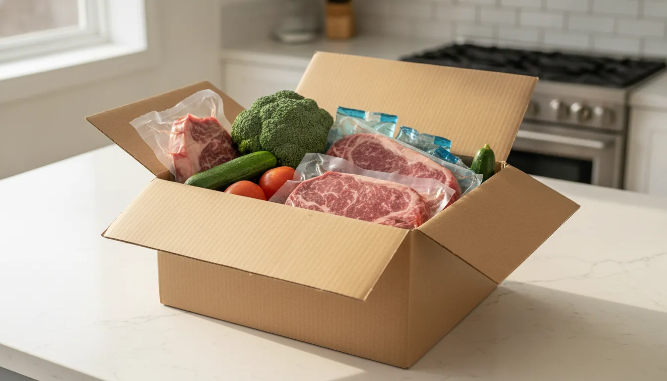 Fresh beef and vegetables in an insulated refrigerated delivery box