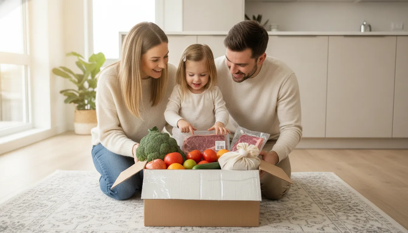 Ontario family unpacking fresh groceries from an automated grocery delivery
