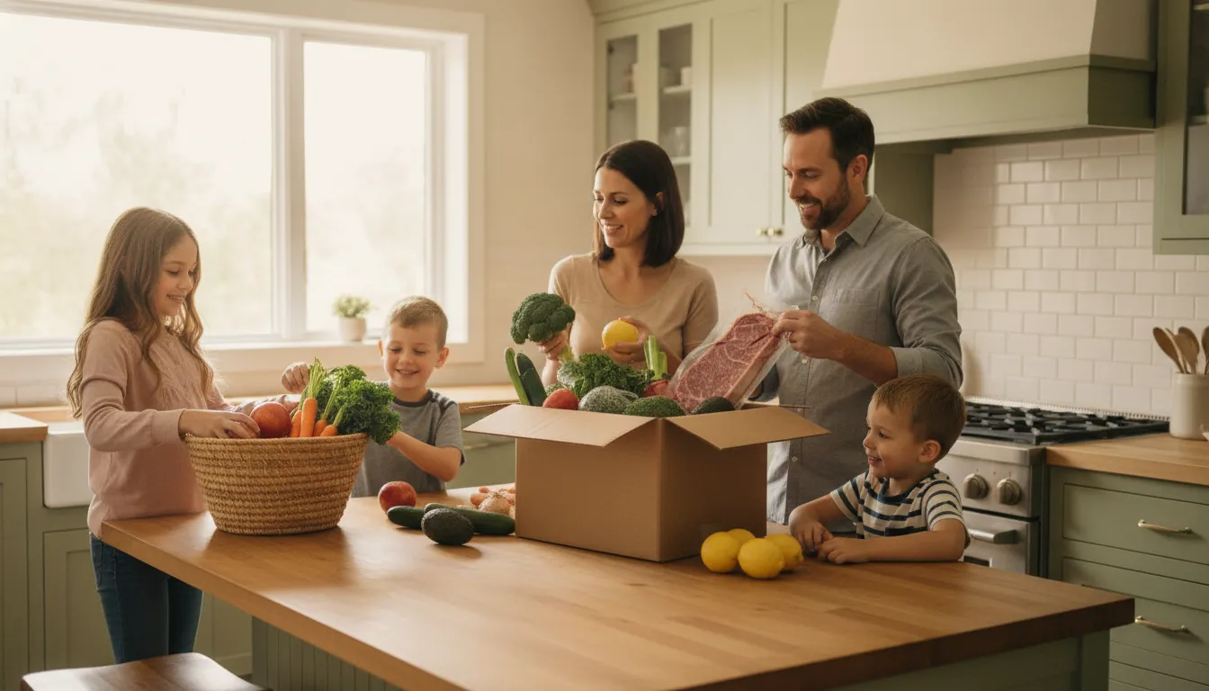 Ontario family unpacking fresh meat and groceries from a delivery box