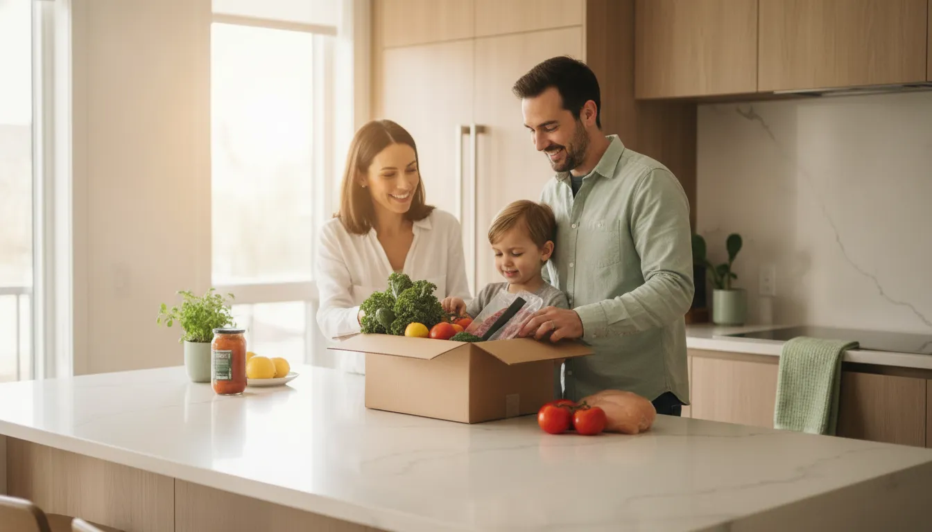 Ontario family unpacking fresh groceries from a refrigerated delivery box