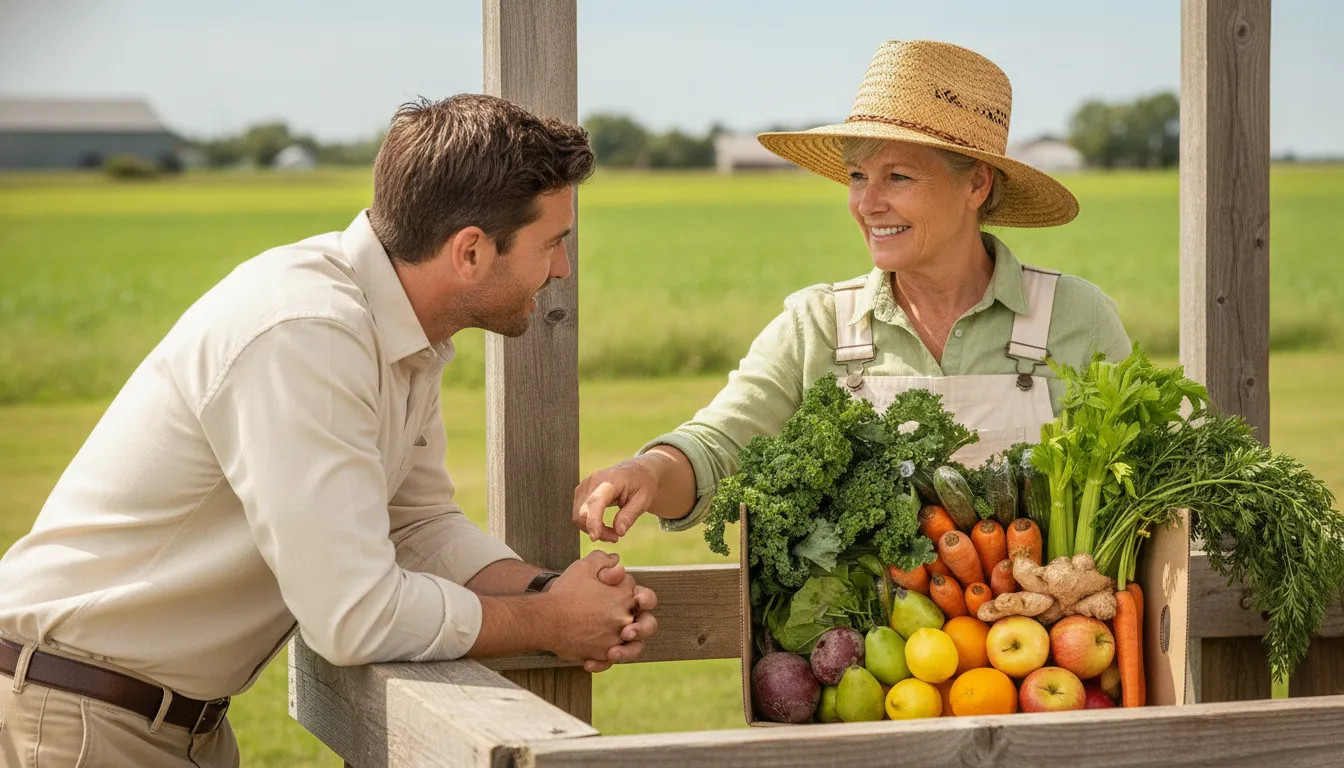 Ontario farmer inspecting fresh produce in a field