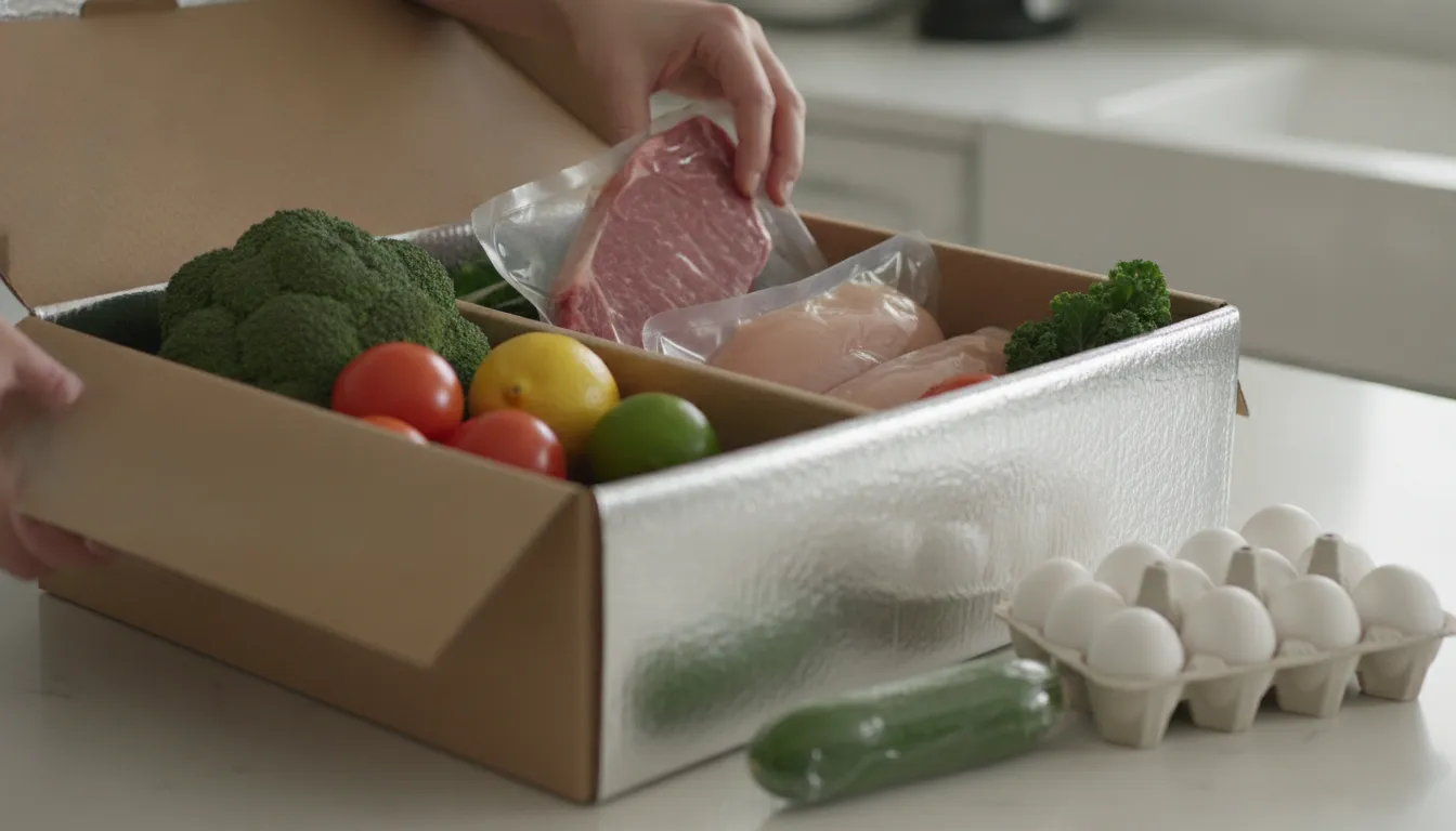 Fresh groceries arranged in a delivery box