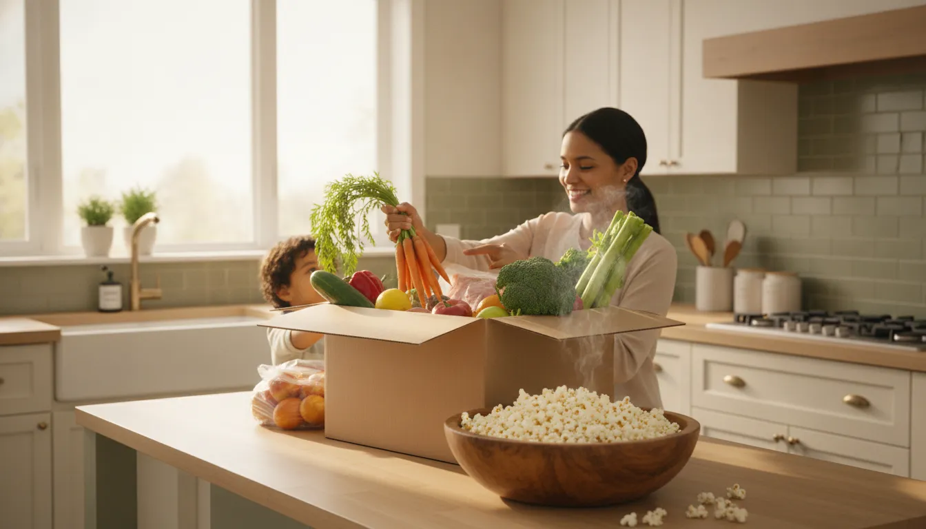 Ontario family unpacking groceries beside a bowl of popcorn