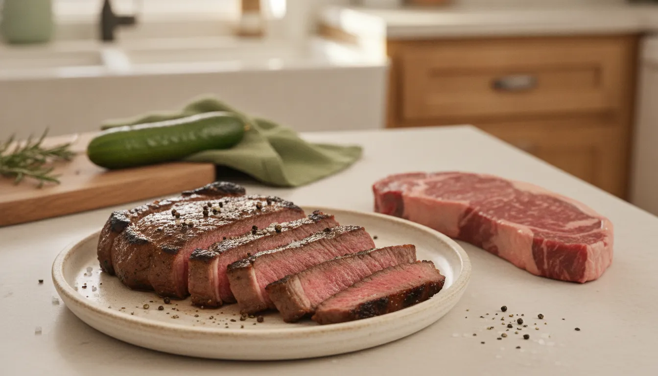 Sliced AAA Canadian steak beside a fresh steak cut in a bright kitchen