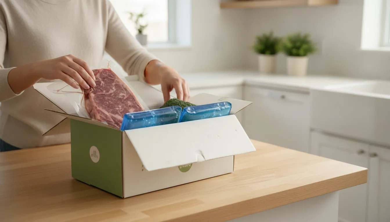 Insulated grocery delivery box with chilled steak and ice packs