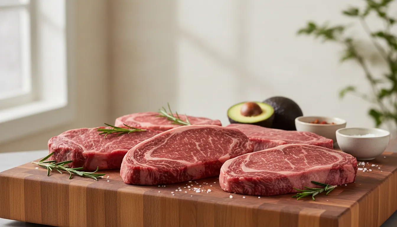 Several marbled steak cuts arranged for comparing AAA Canadian steak prices online