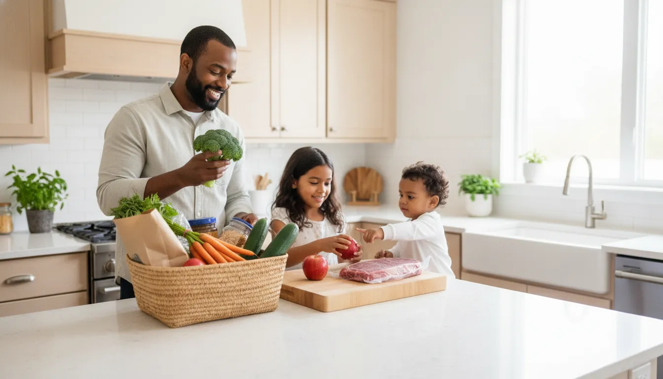 Canadian family unpacking fresh groceries in a bright kitchen